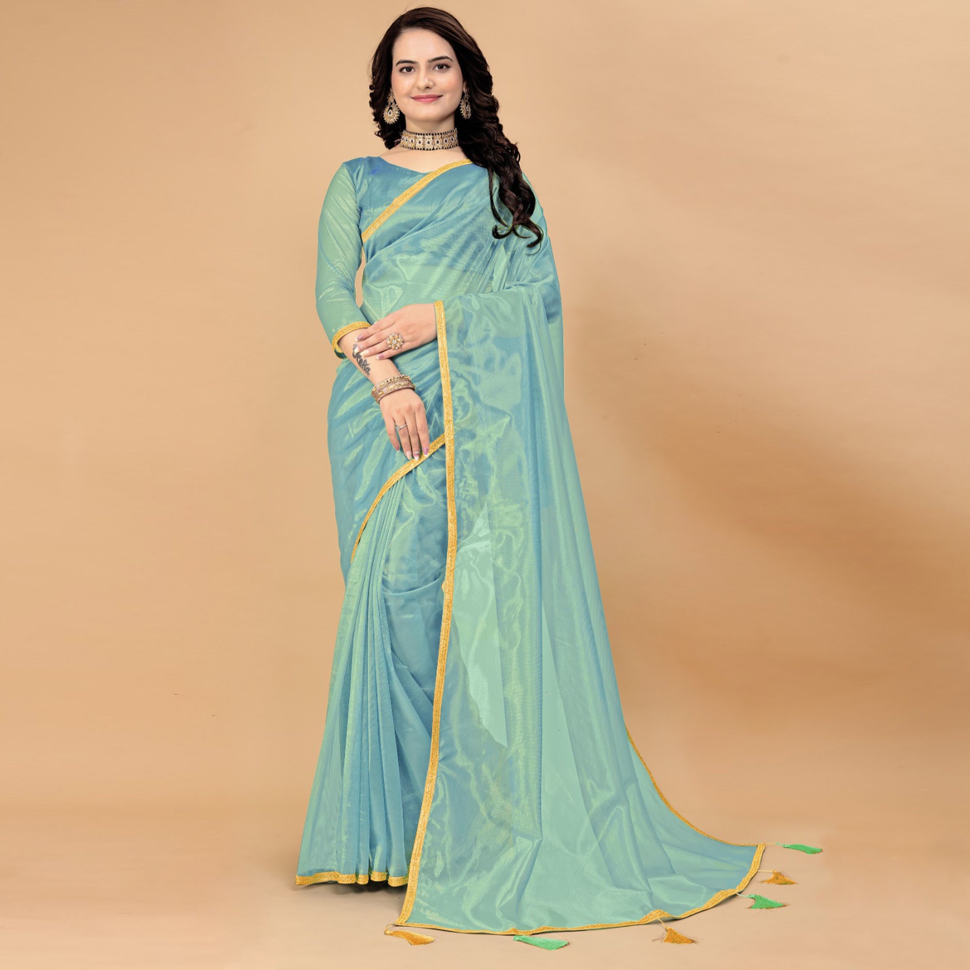 Blue Solid Nylon Saree With Lace Border