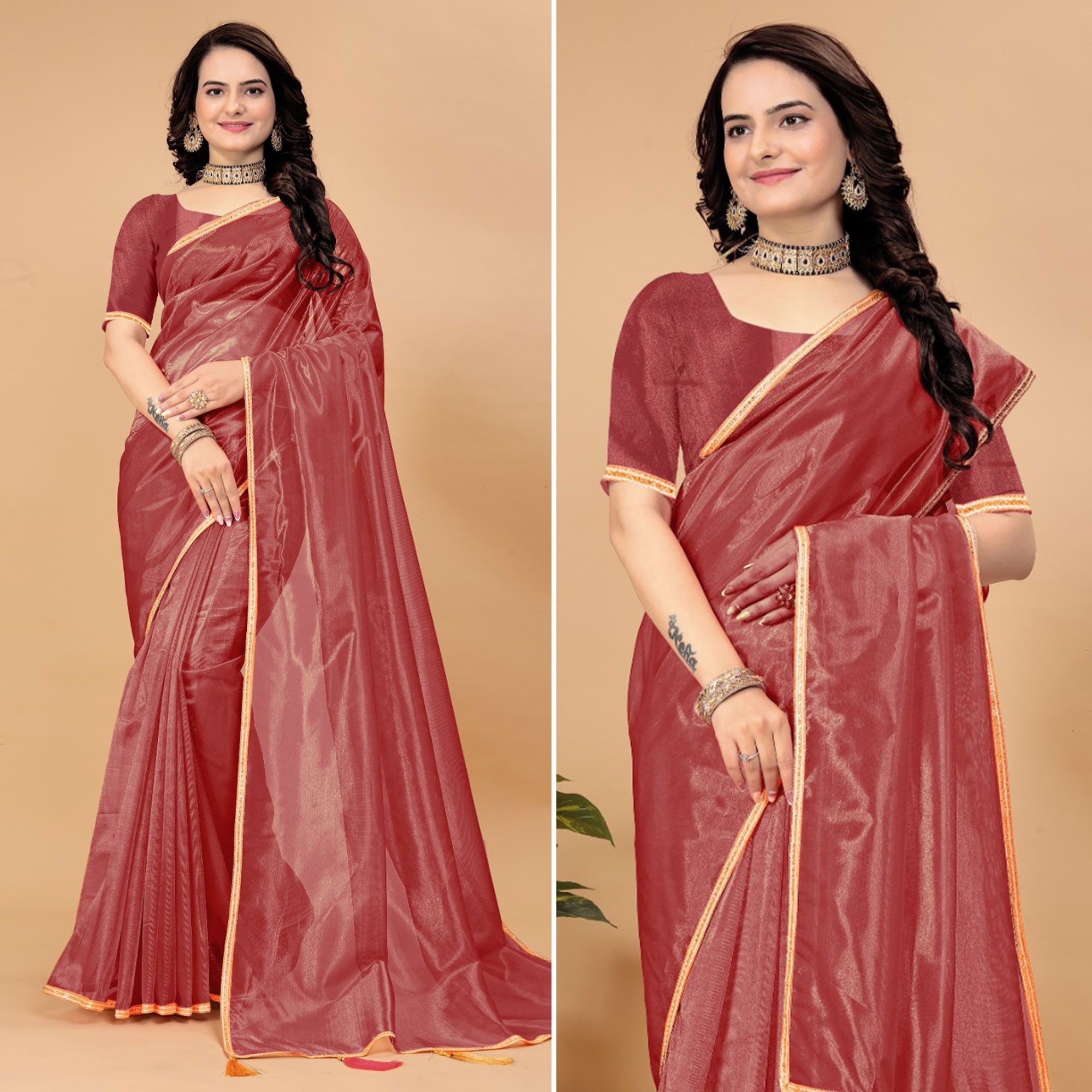 Solid Color Saree Brick Red Solid Nylon Saree With Lace Border