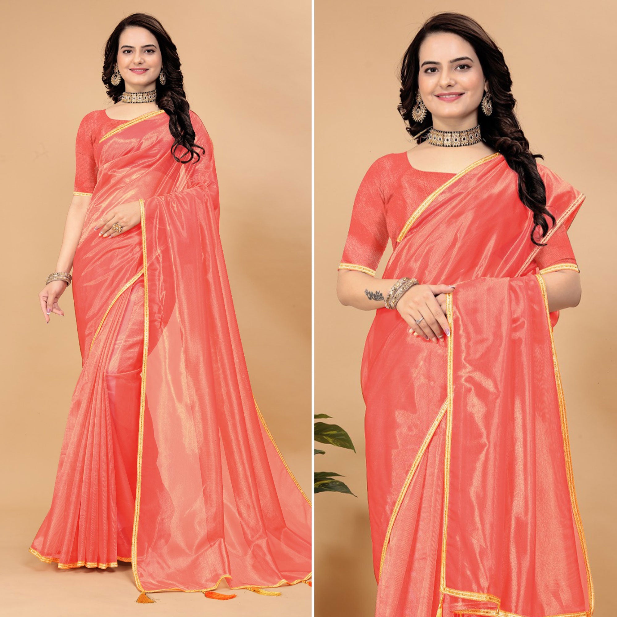 Dark Peach Solid Nylon Saree With Lace Border
