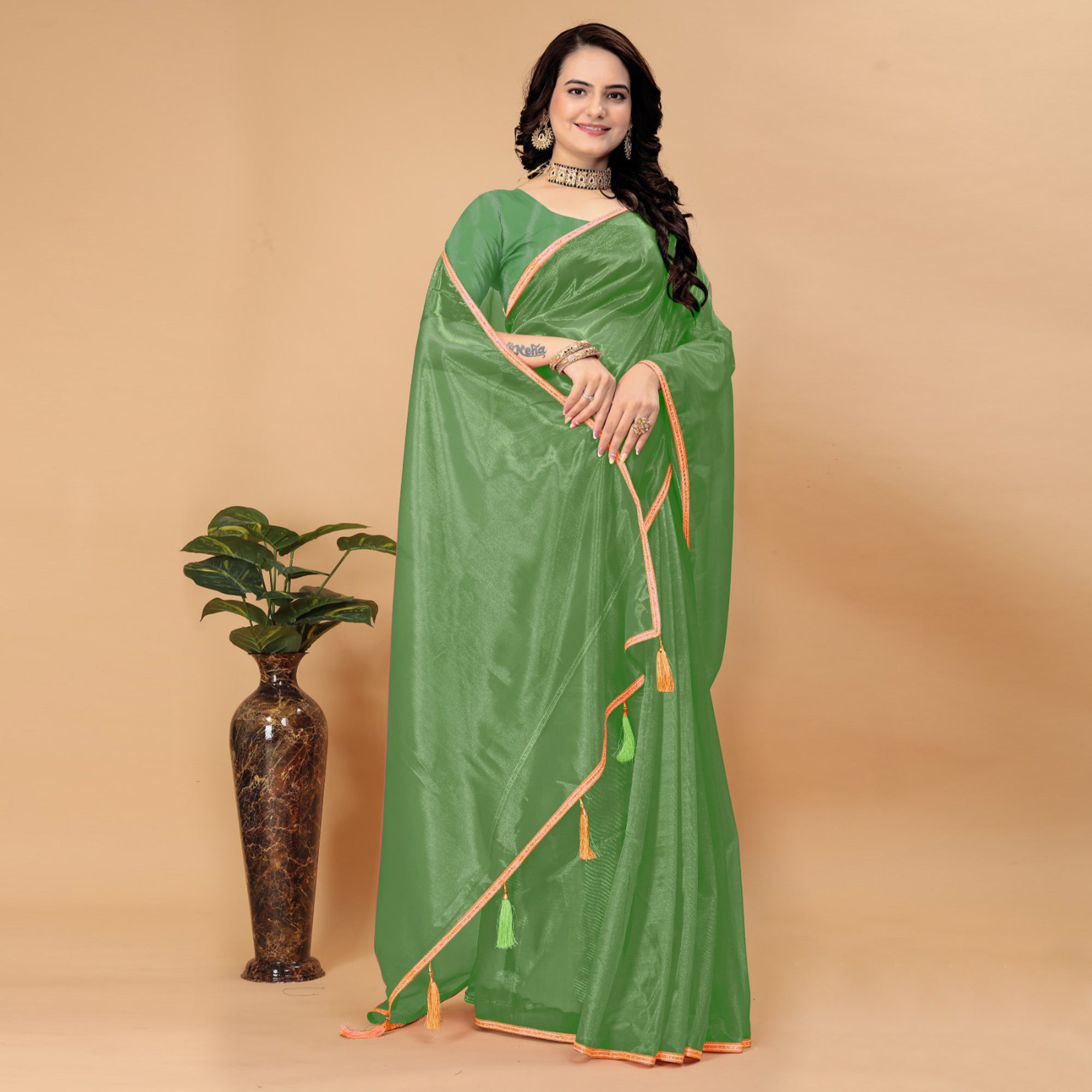 Green Solid Nylon Saree With Lace Border
