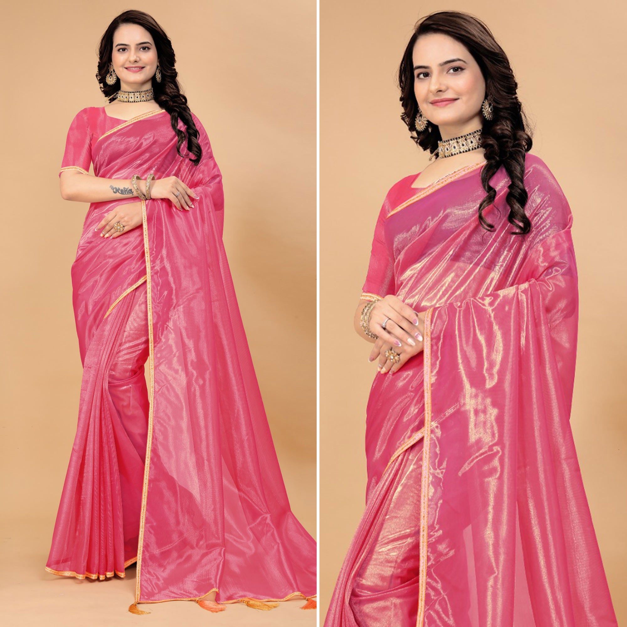 Pink Solid Nylon Saree With Lace Border