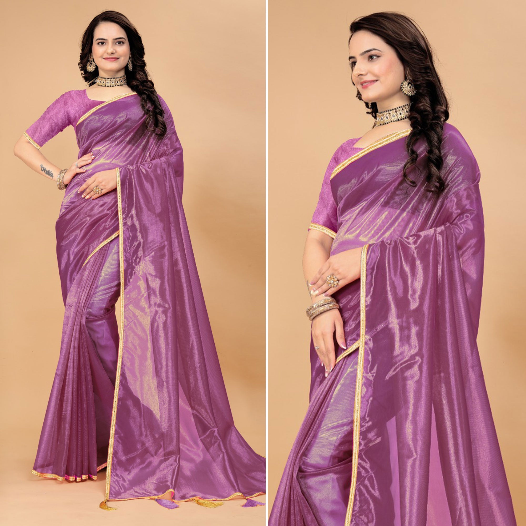 Purple Solid Nylon Saree With Lace Border