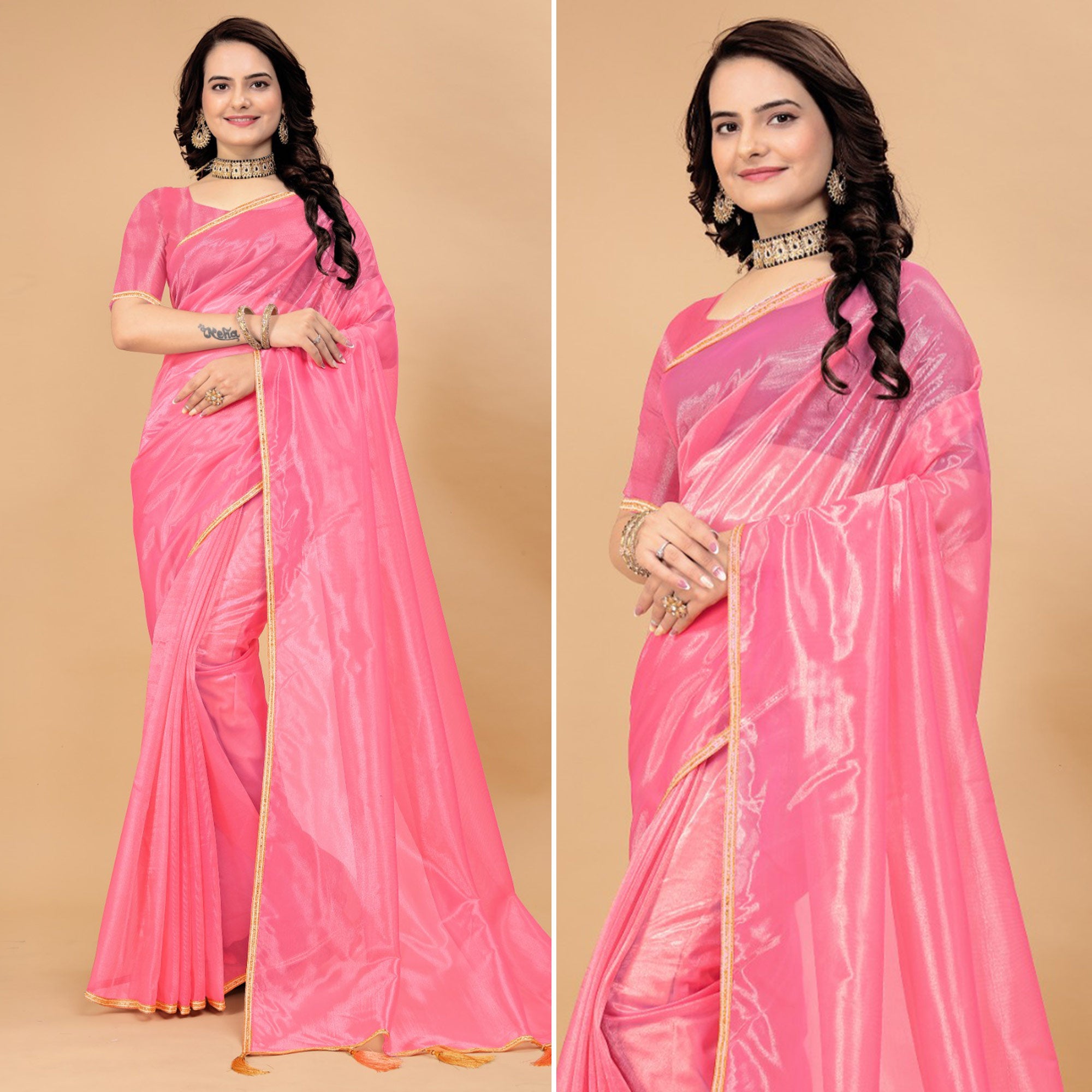 Rose Pink Solid Nylon Saree With Lace Border