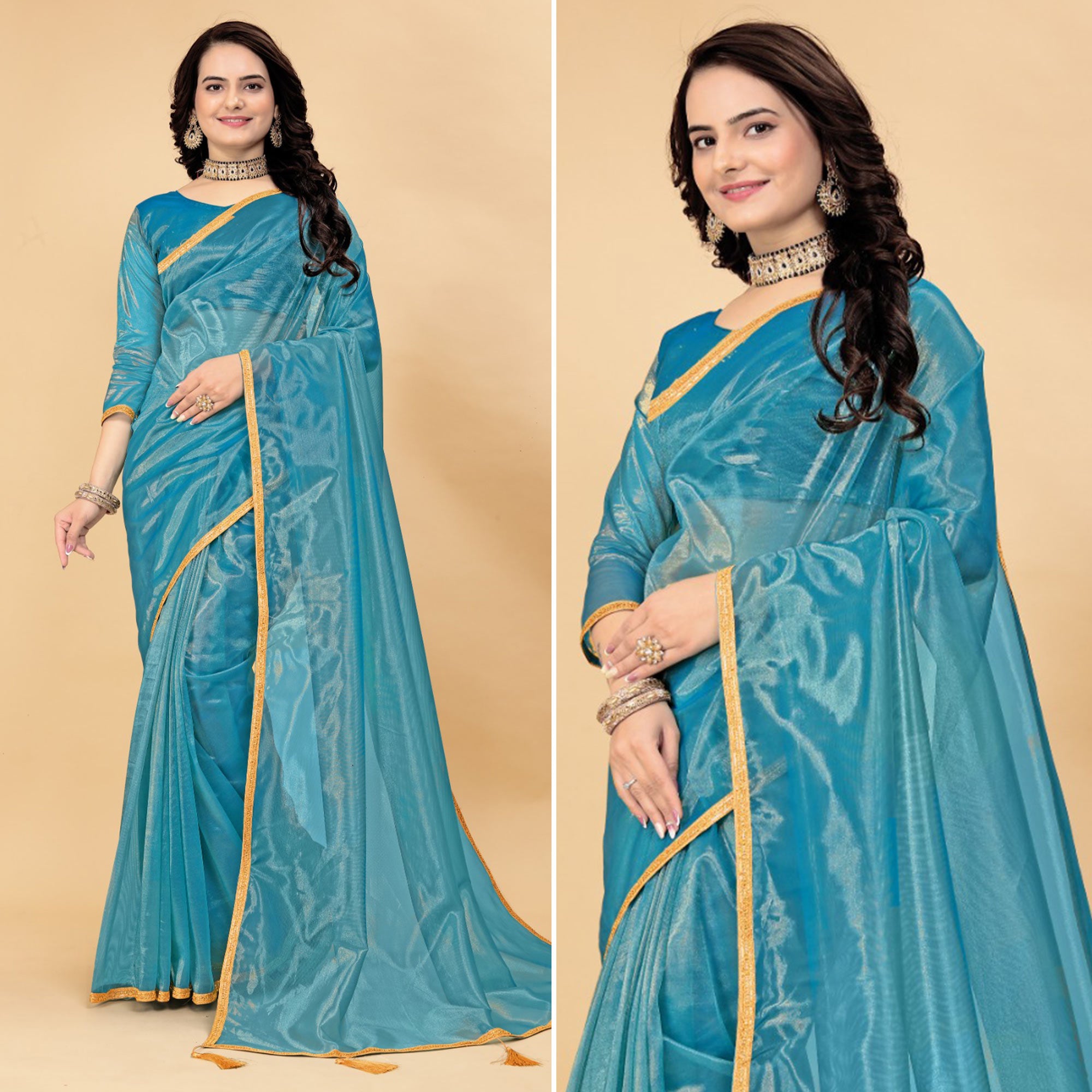 Teal Blue Solid Nylon Saree With Lace Border