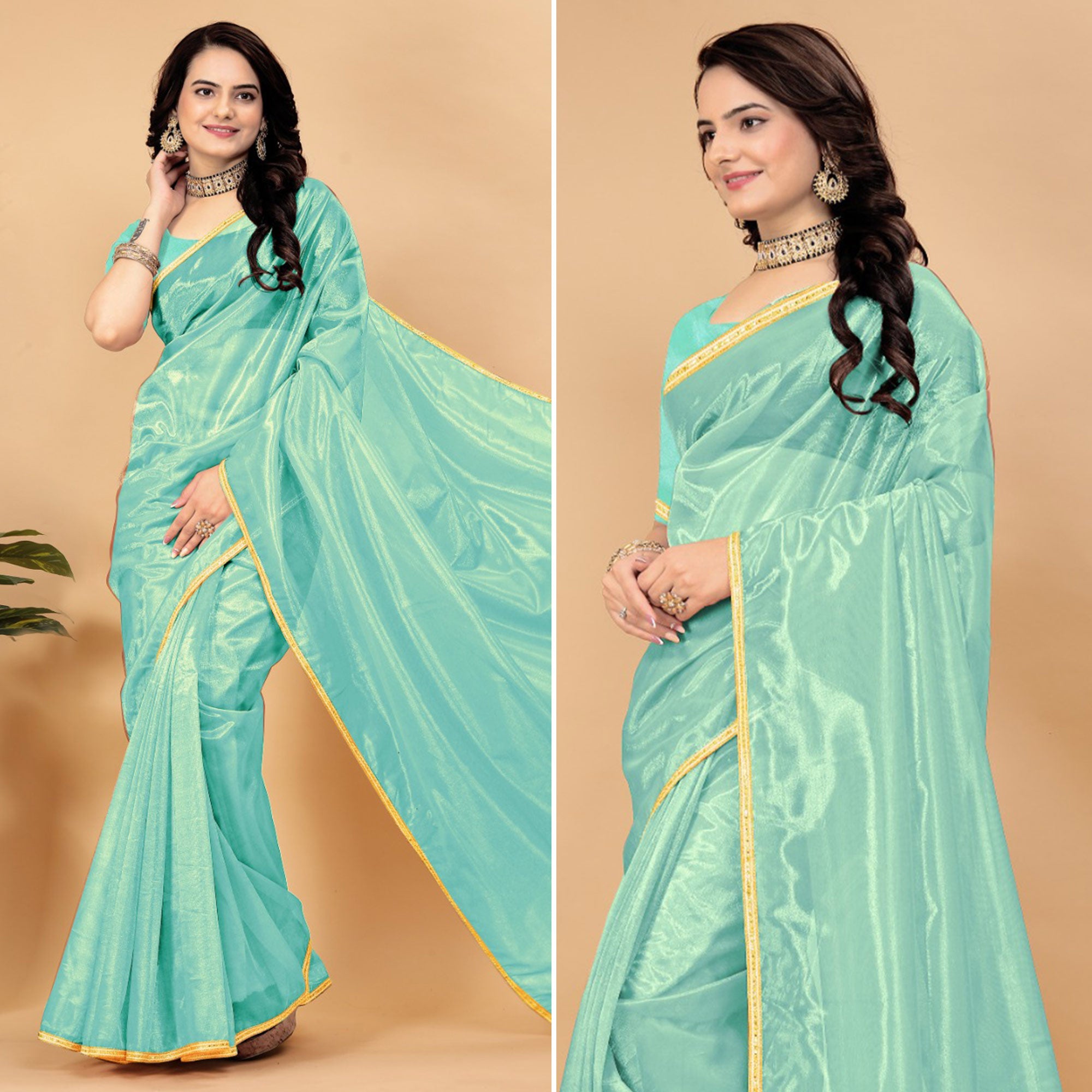 Turquoise Solid Nylon Saree With Lace Border