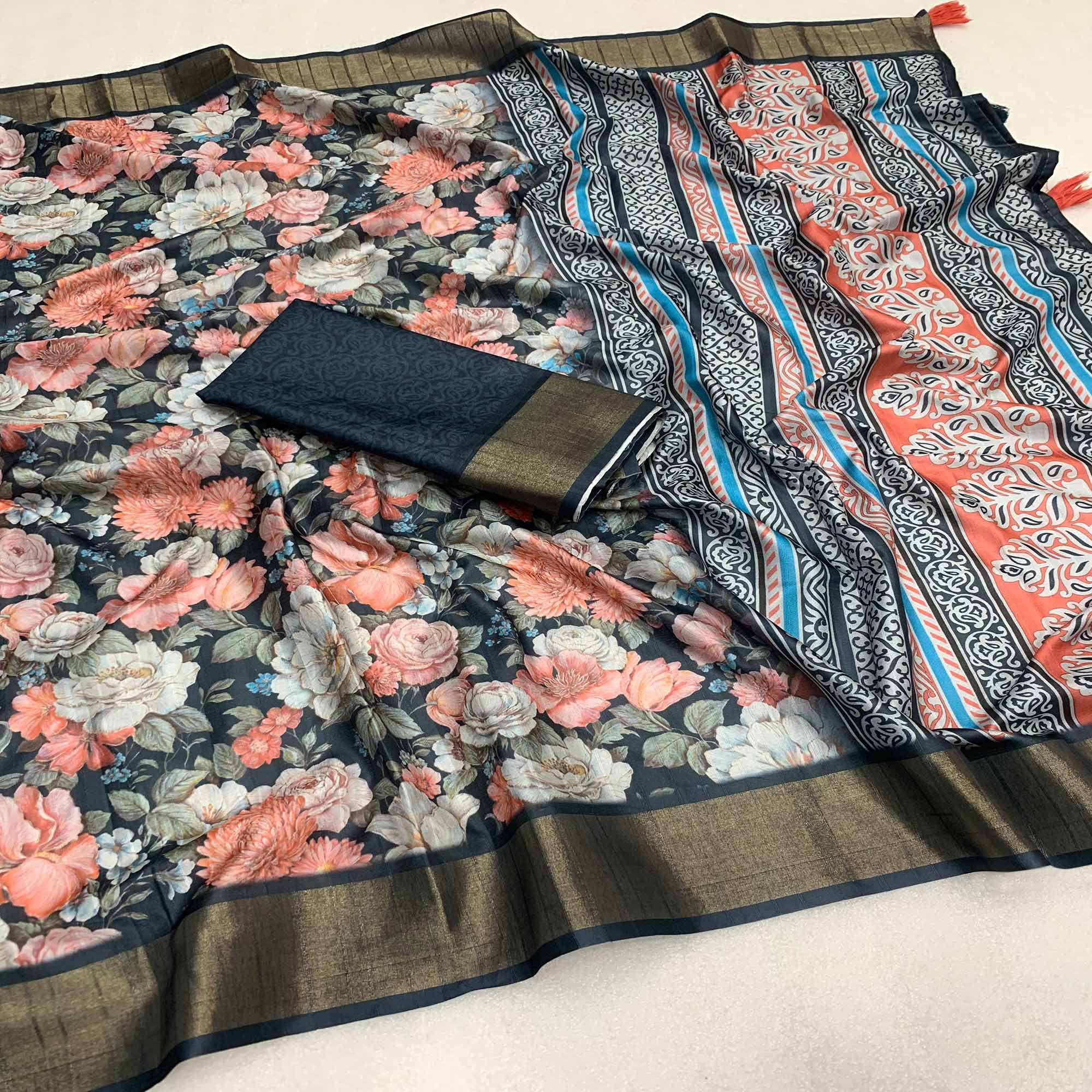 Blue Digital Printed Tussar Silk Saree