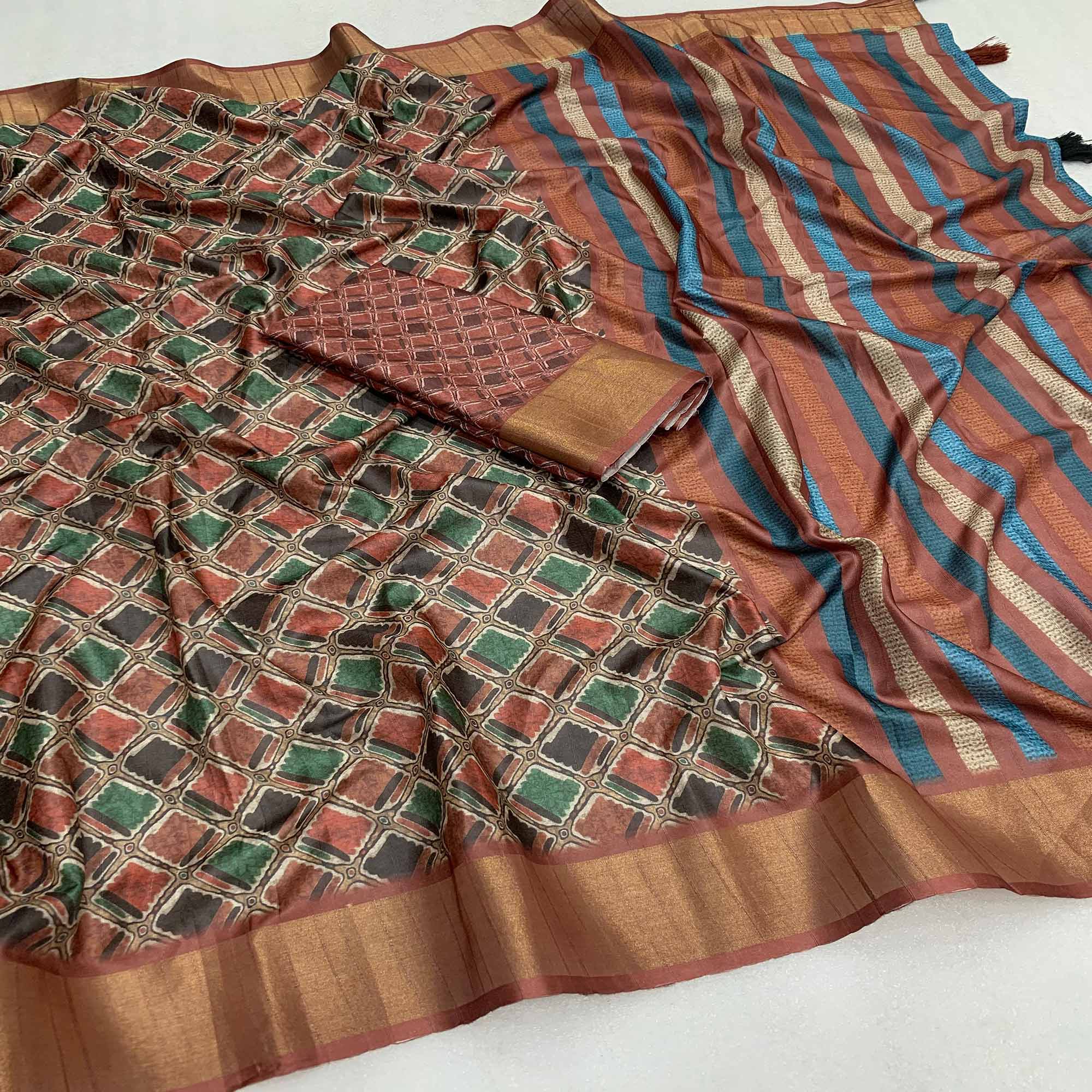 Brown Digital Printed Tussar Silk Saree