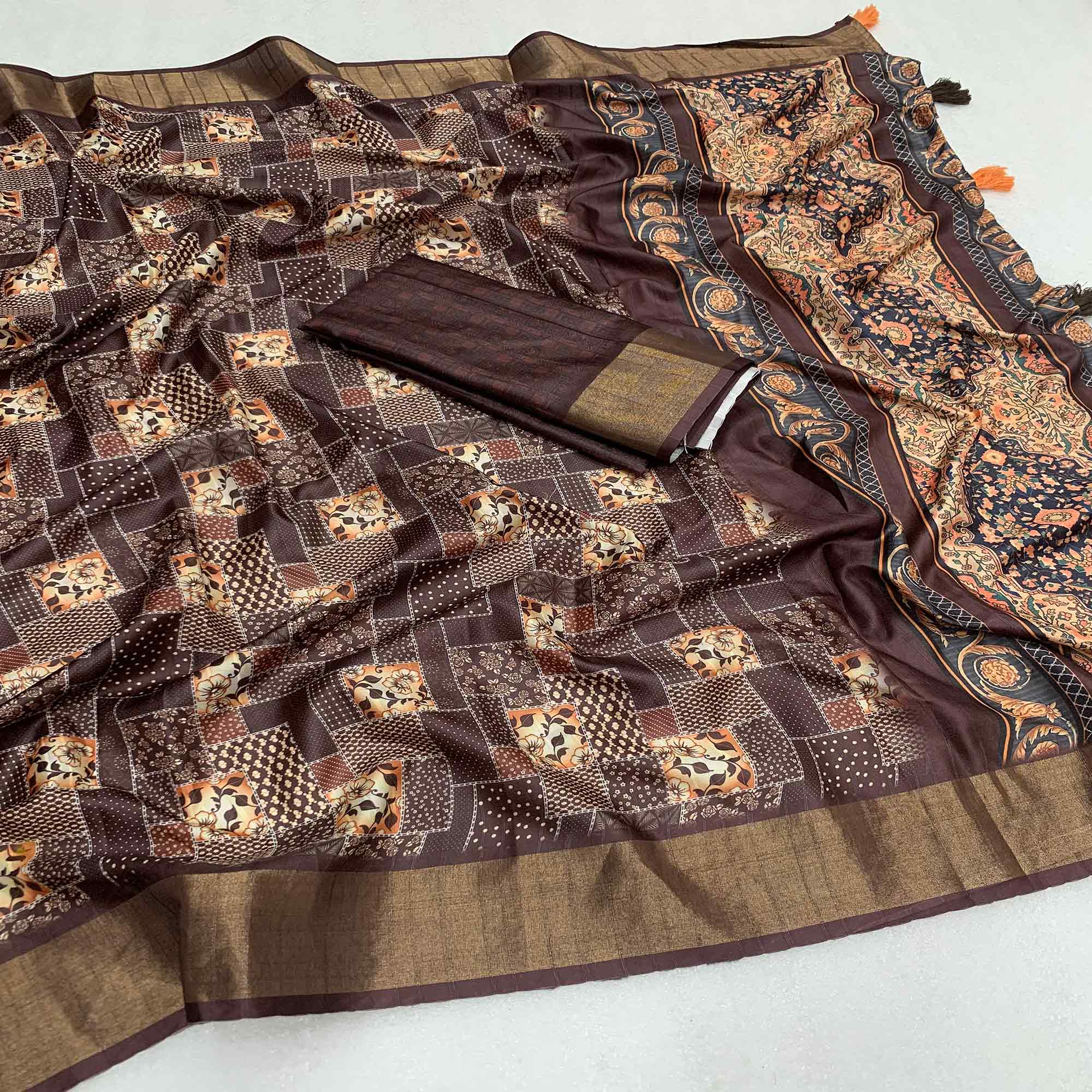 Coffee Brown Digital Printed Tussar Silk Saree