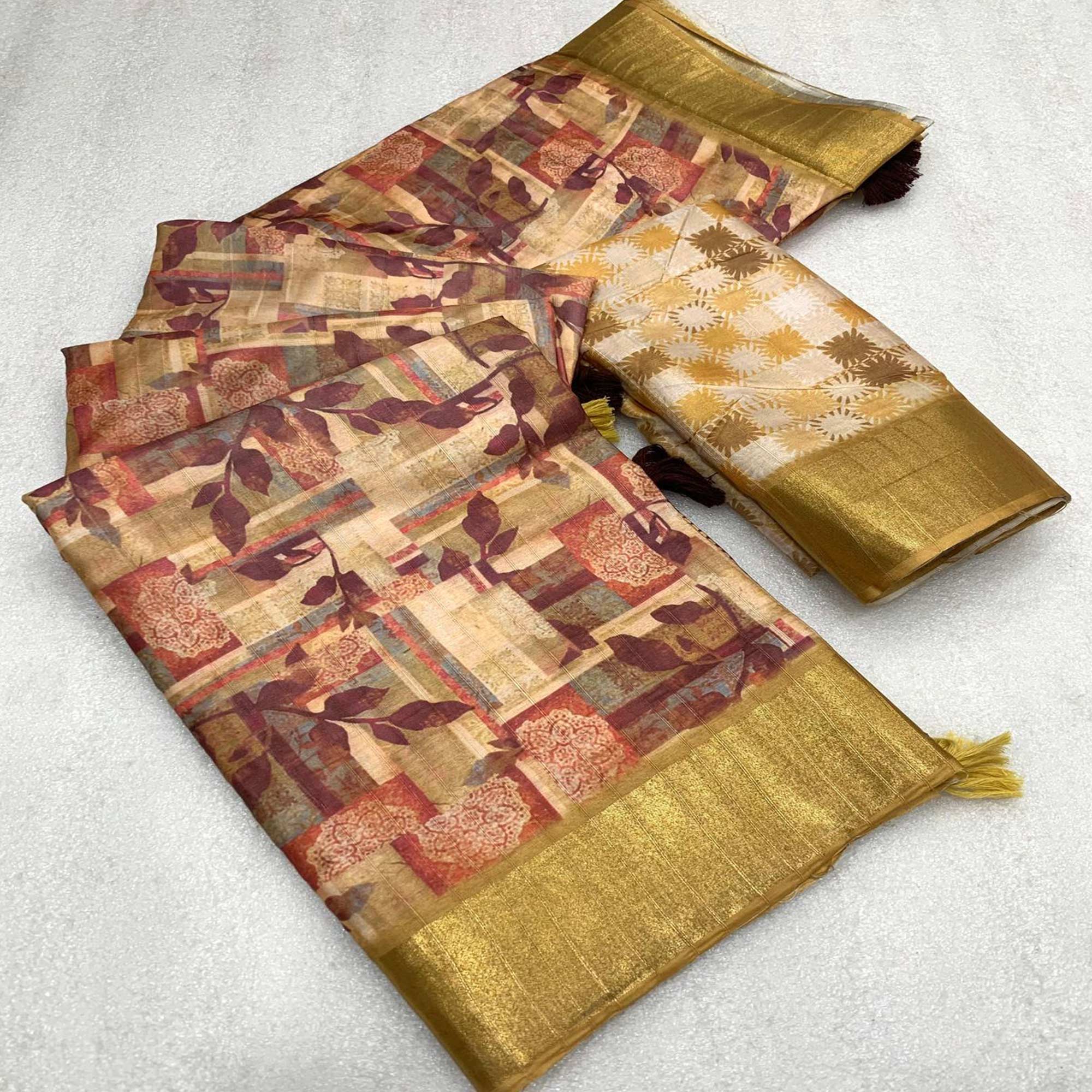 Golden Digital Printed Tussar Silk Saree