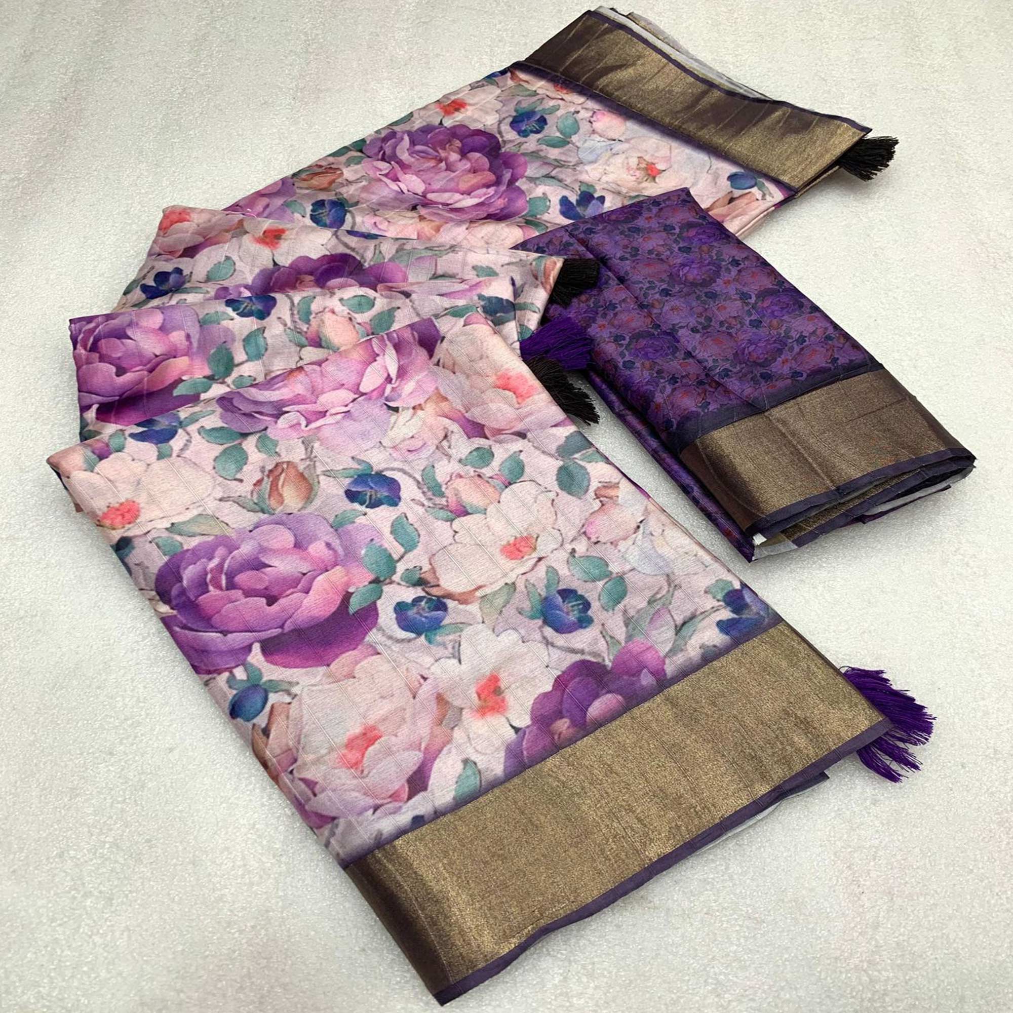 Lavender Digital Printed Tussar Silk Saree