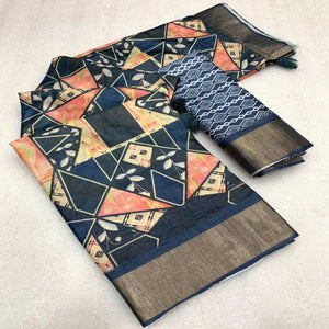 Navy Blue Digital Printed Tussar Silk Saree