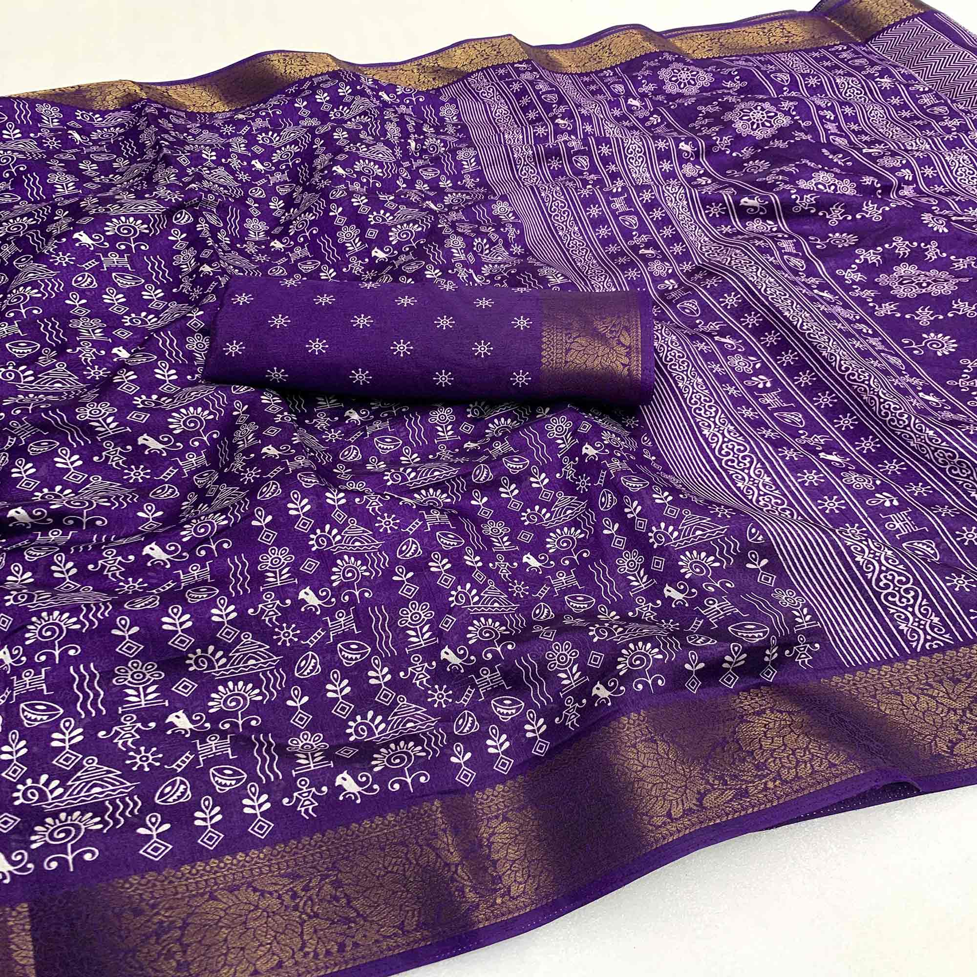 Violet Printed Cotton Silk Saree
