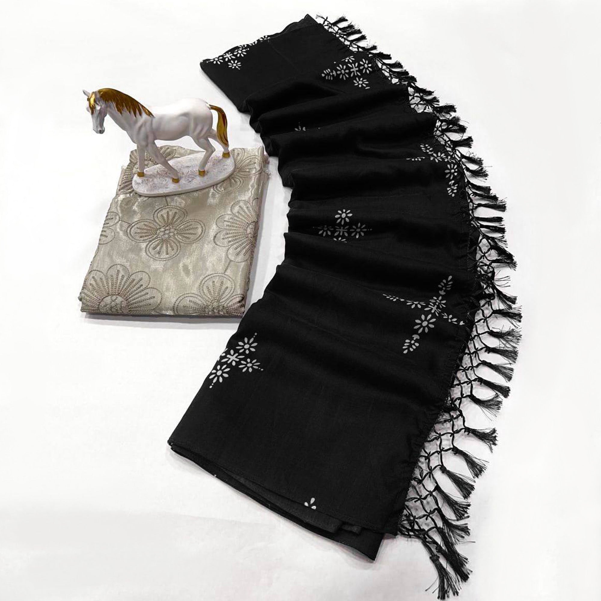Black Floral Printed Muslin Saree With Tassels