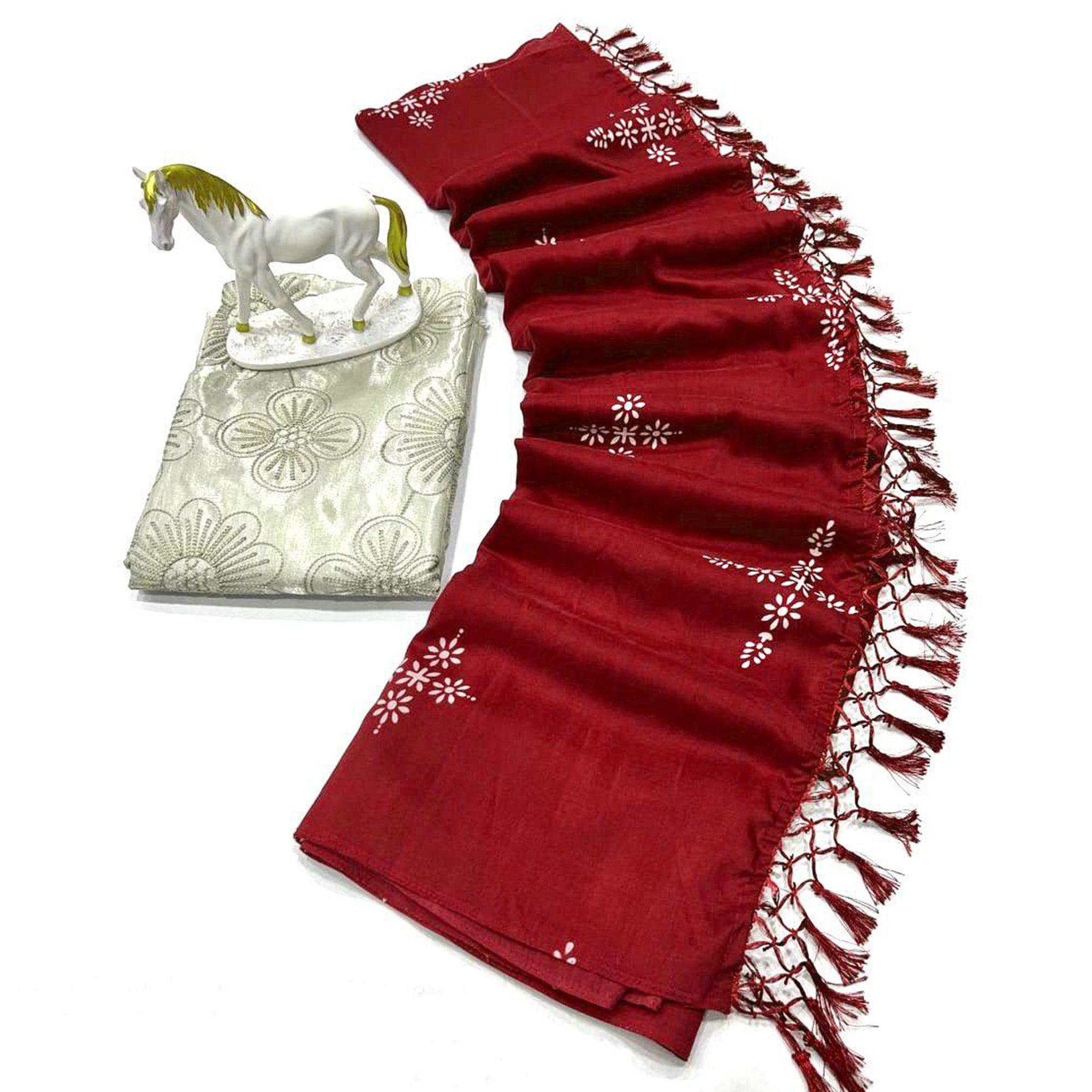 Maroon Printed Muslin Saree With Tassels