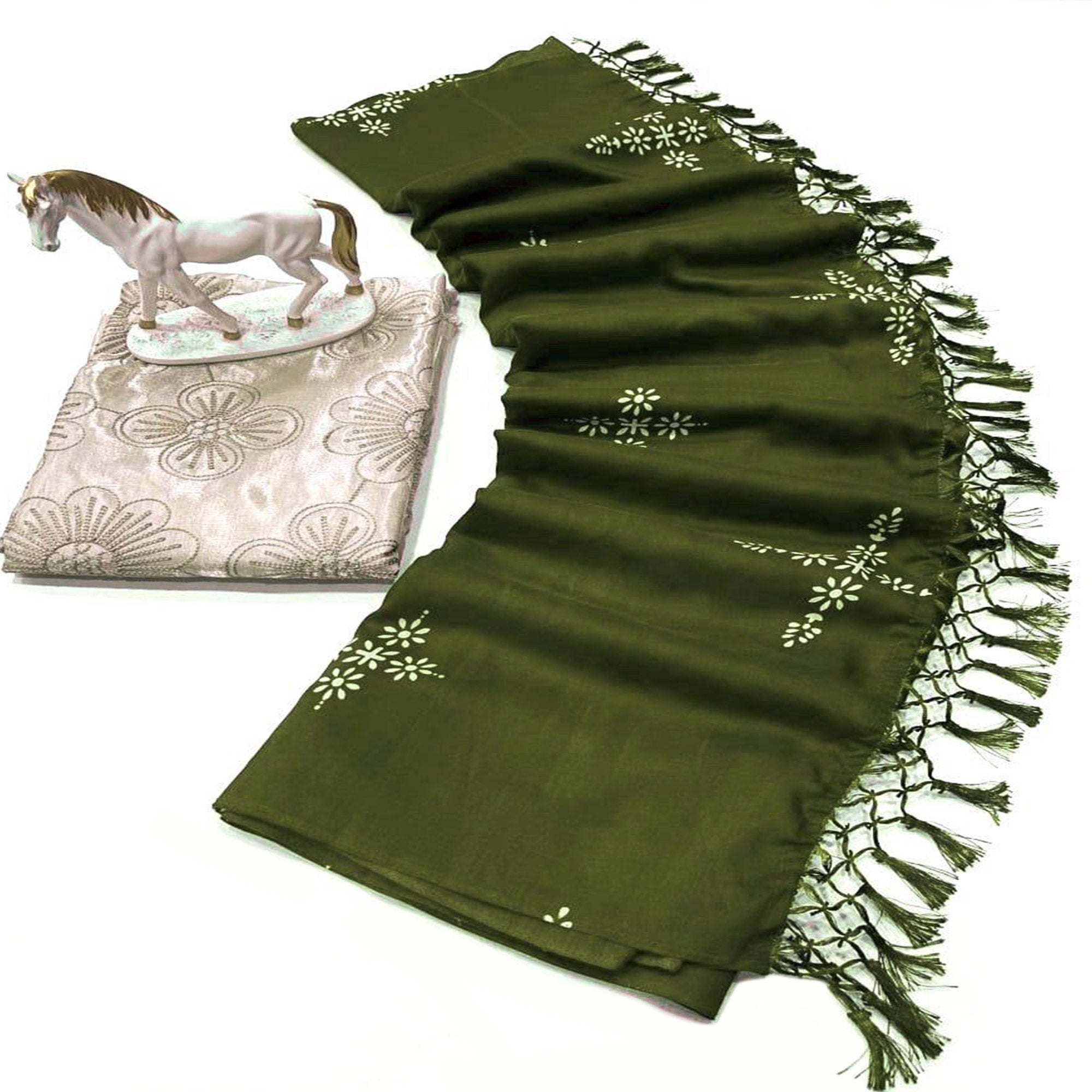 Mehendi Green Muslin Cotton Silk Saree Adorned With Delicate Floral Prints & Playful Tassels