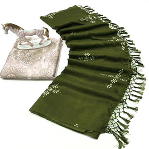 Mehendi Green Muslin Cotton Silk Saree Adorned With Delicate Floral Prints & Playful Tassels