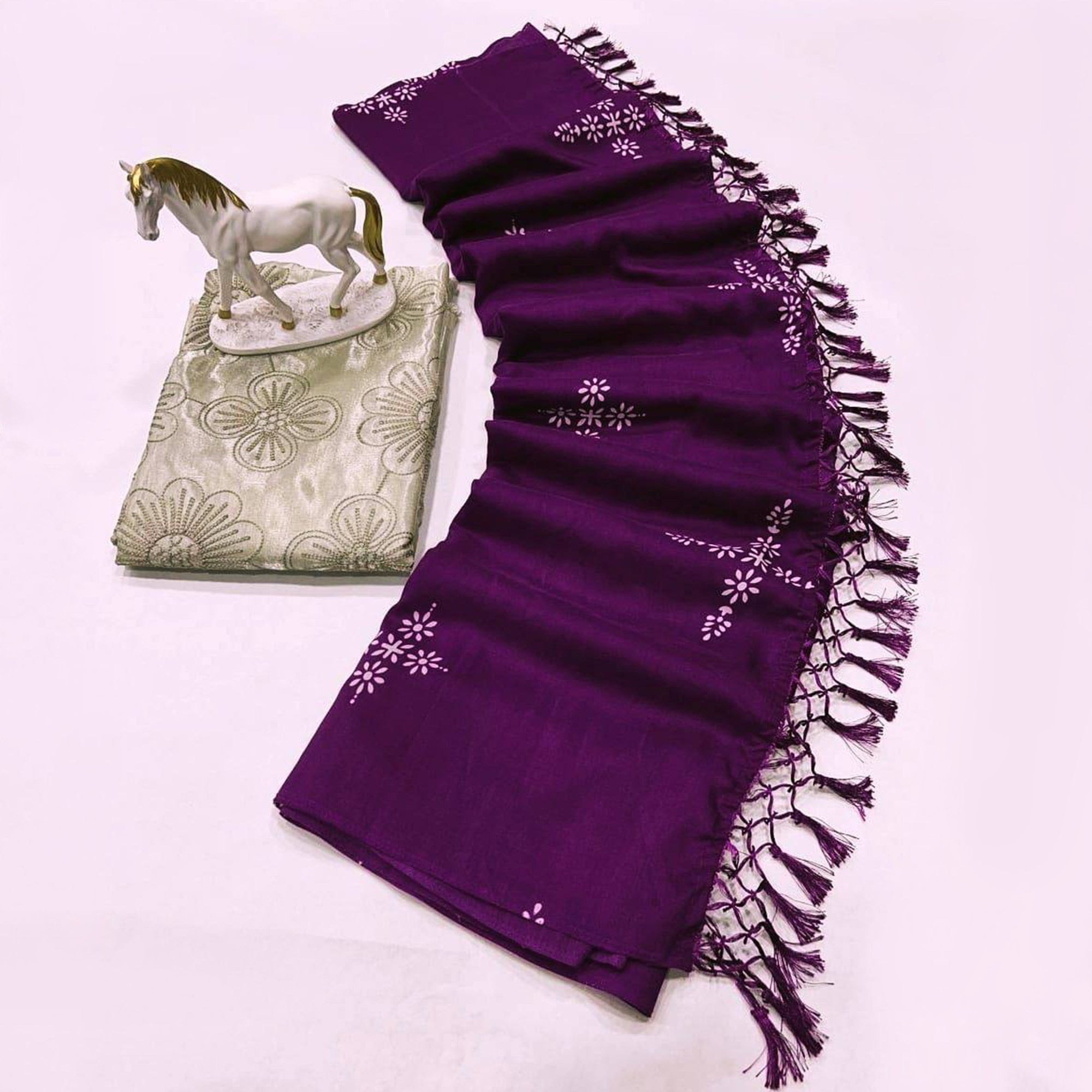 Purple Printed Muslin Saree With Tassels