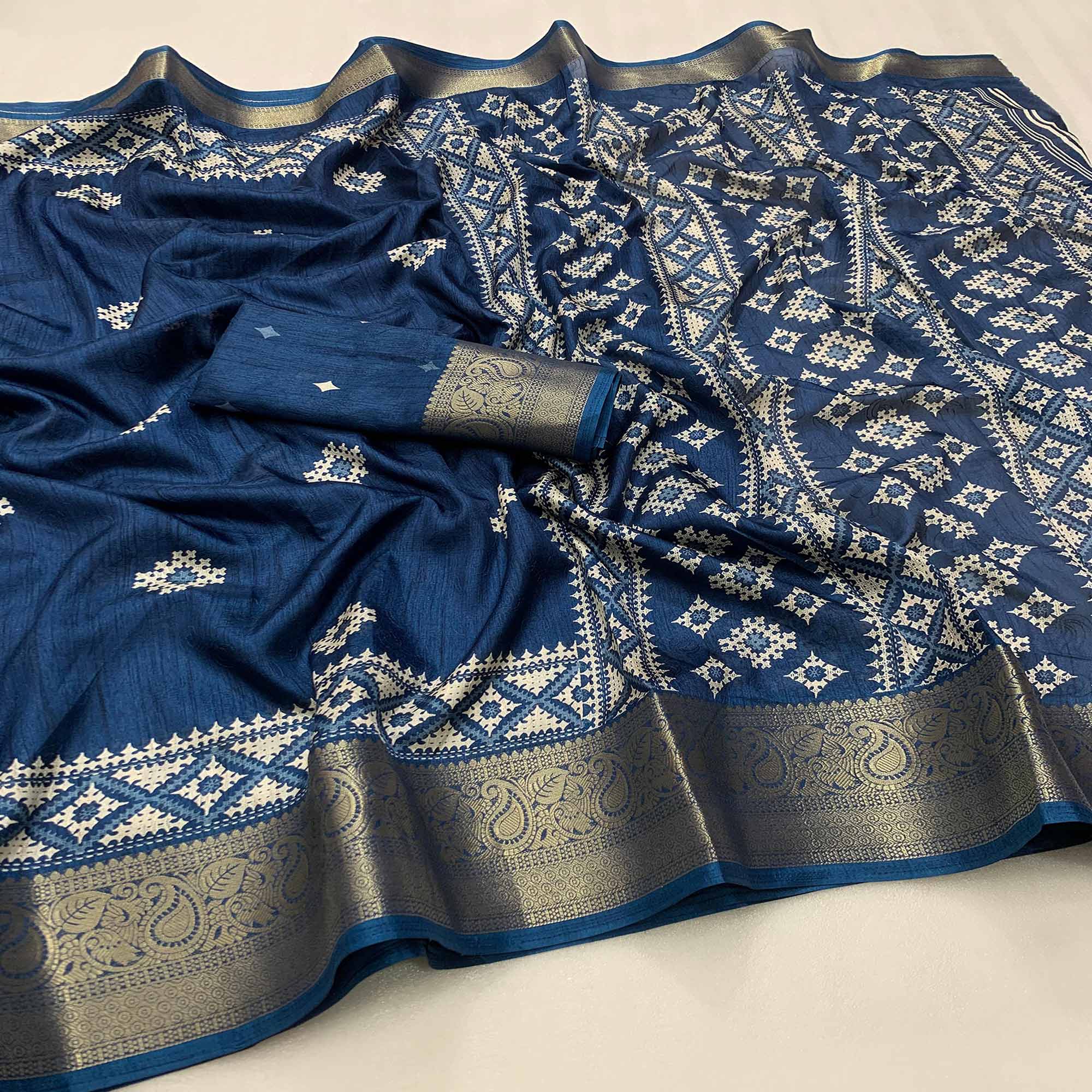 Blue Printed With Weaving Border Pure Cotton Saree