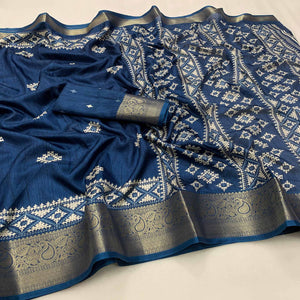 Blue Printed With Weaving Border Pure Cotton Saree