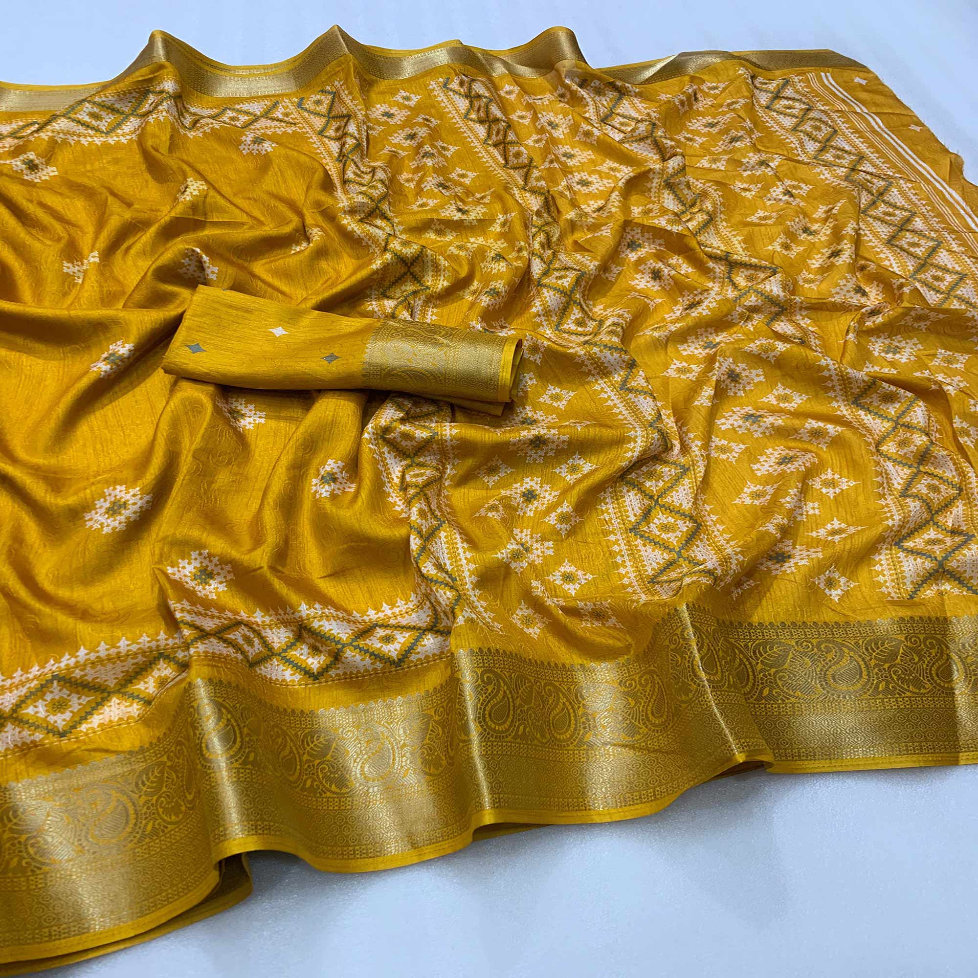 Mustard Printed With Weaving Border Pure Cotton Saree