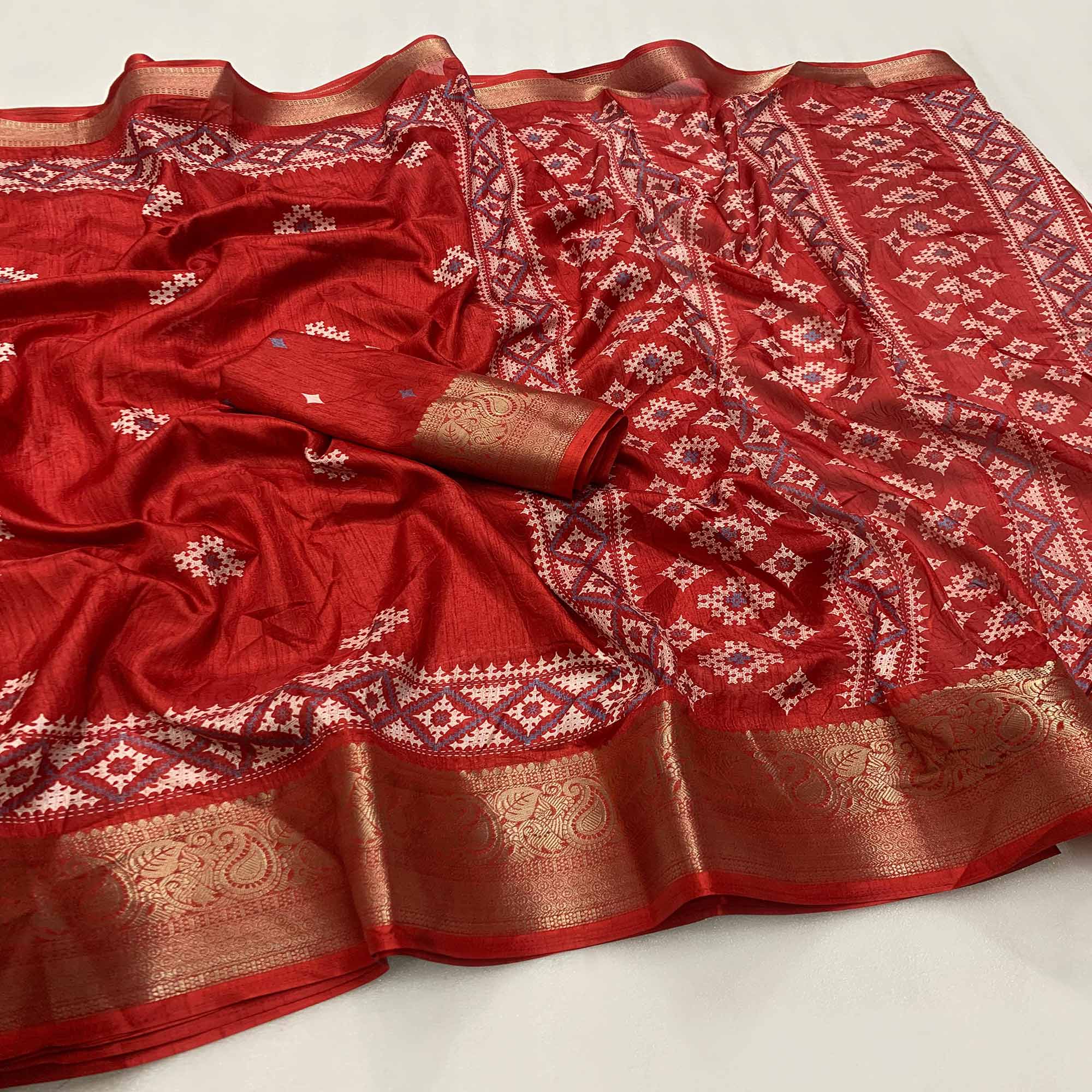 Red Printed With Weaving Border Pure Cotton Saree