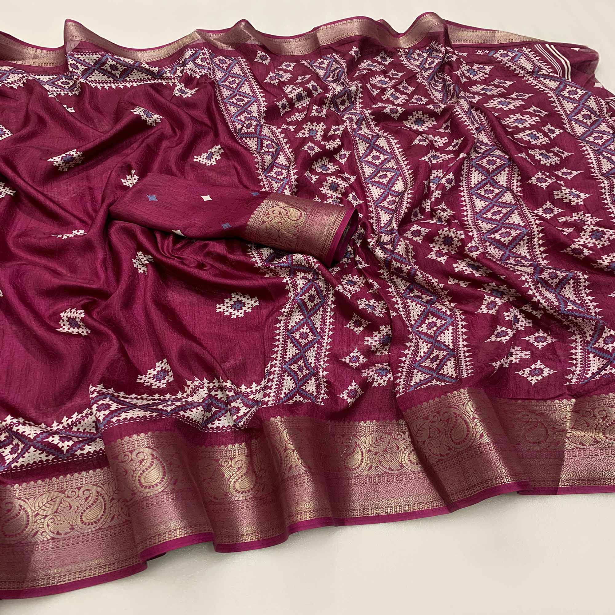 Wine Printed With Weaving Border Pure Cotton Saree