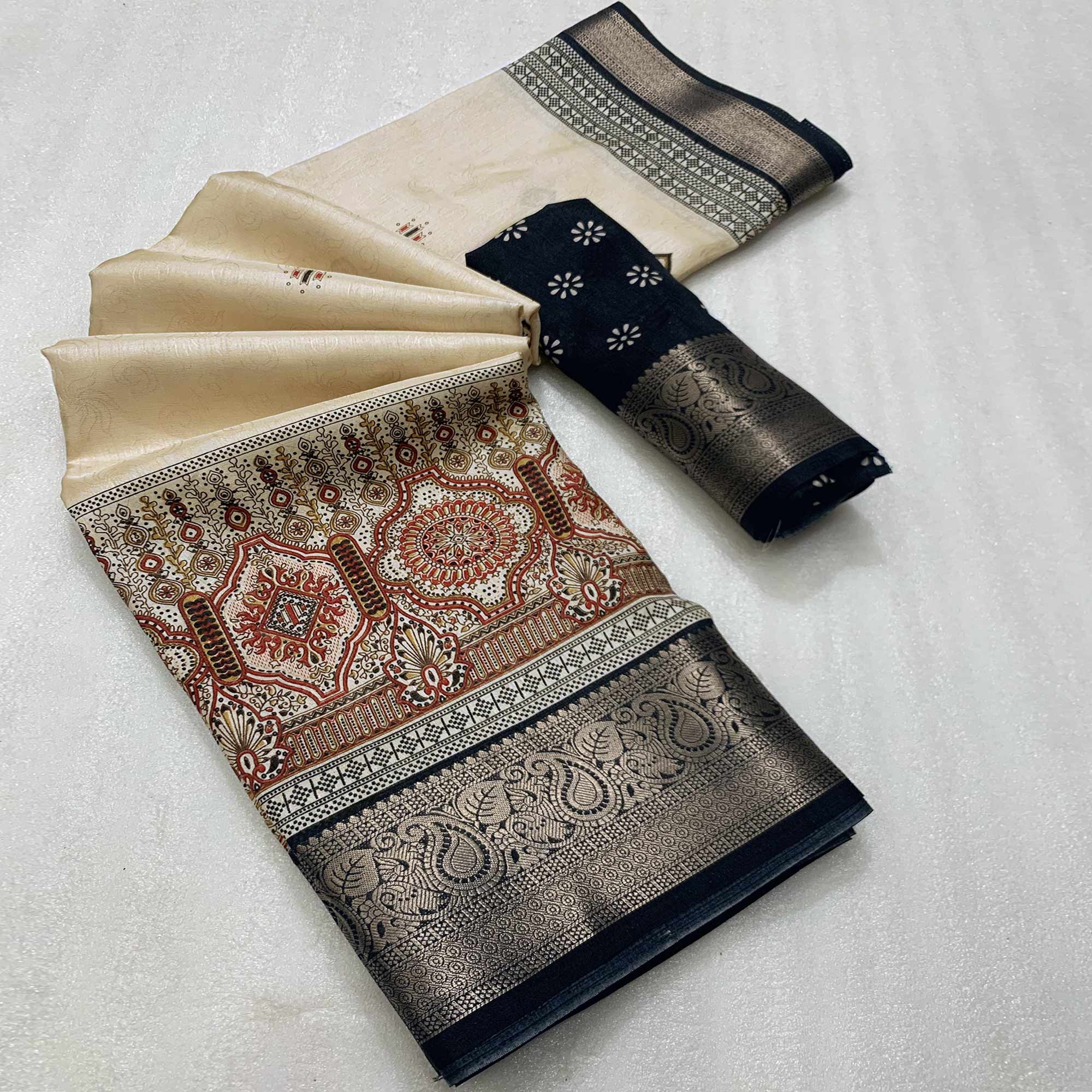 Beige & Black Printed Cotton Silk Saree With Exquisite Zari Woven Border