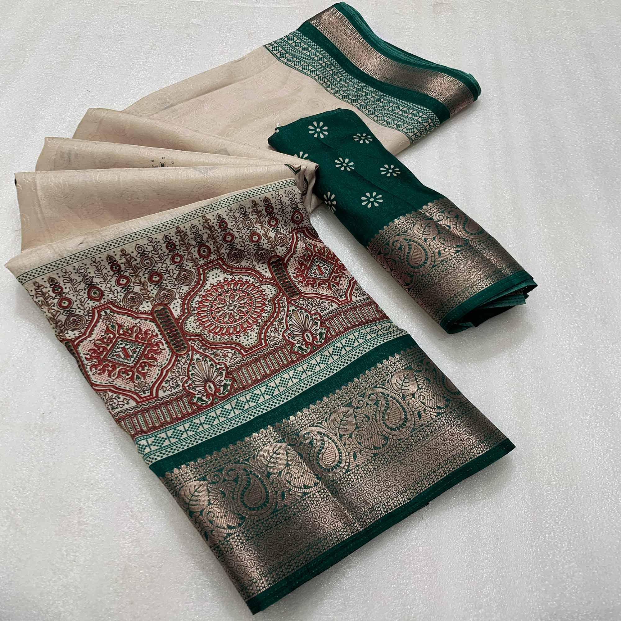 Beige & Green Printed Cotton Silk Saree With Exquisite Zari Woven Border