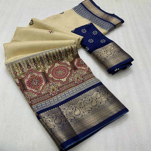 Beige & Navy Blue Printed Cotton Silk Saree With Exquisite Zari Woven Border