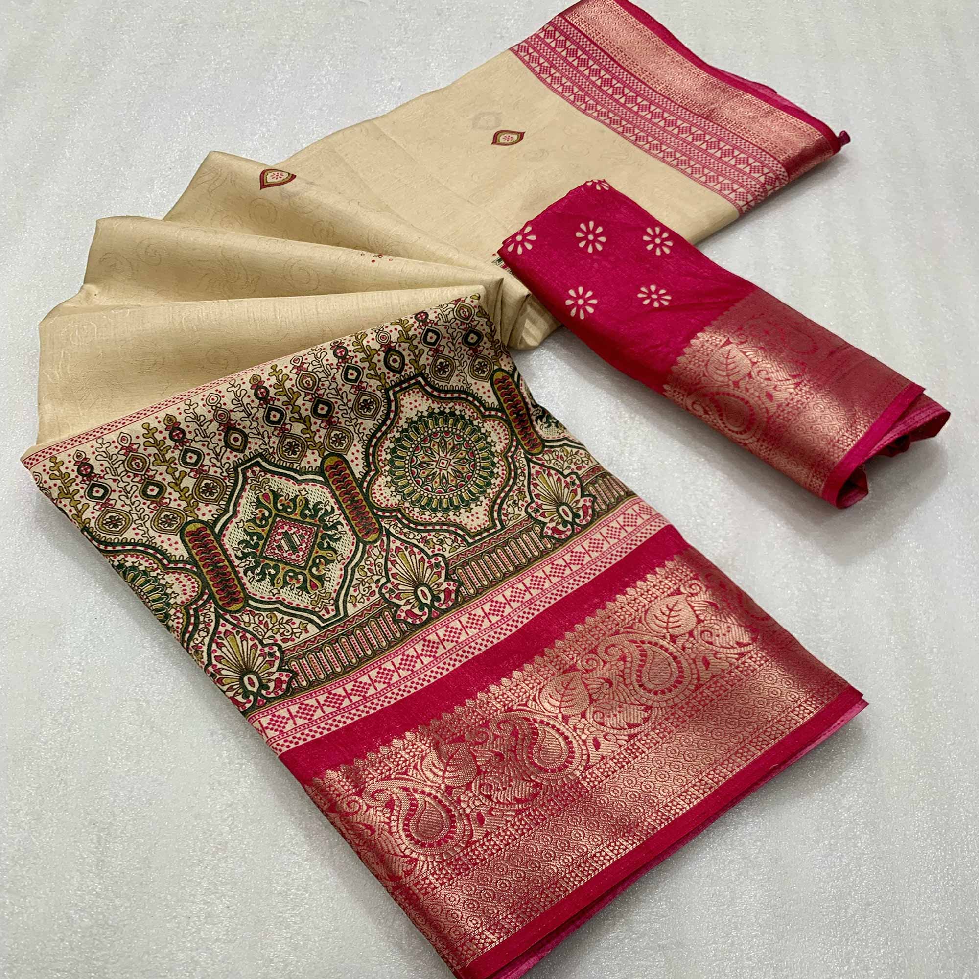 Beige & Pink Printed Cotton Silk Saree With Exquisite Zari Woven Border