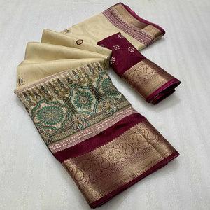 Beige & Wine Printed Cotton Silk Saree With Exquisite Zari Woven Border