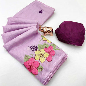 Elegant Lavender Kota Doria Saree with Detailed Floral Thread Work & Premium Crochet Lace Border