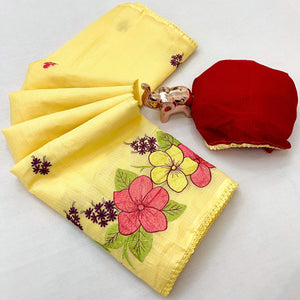 Elegant Yellow Kota Doria Saree with Detailed Floral Thread Work & Premium Crochet Lace Border