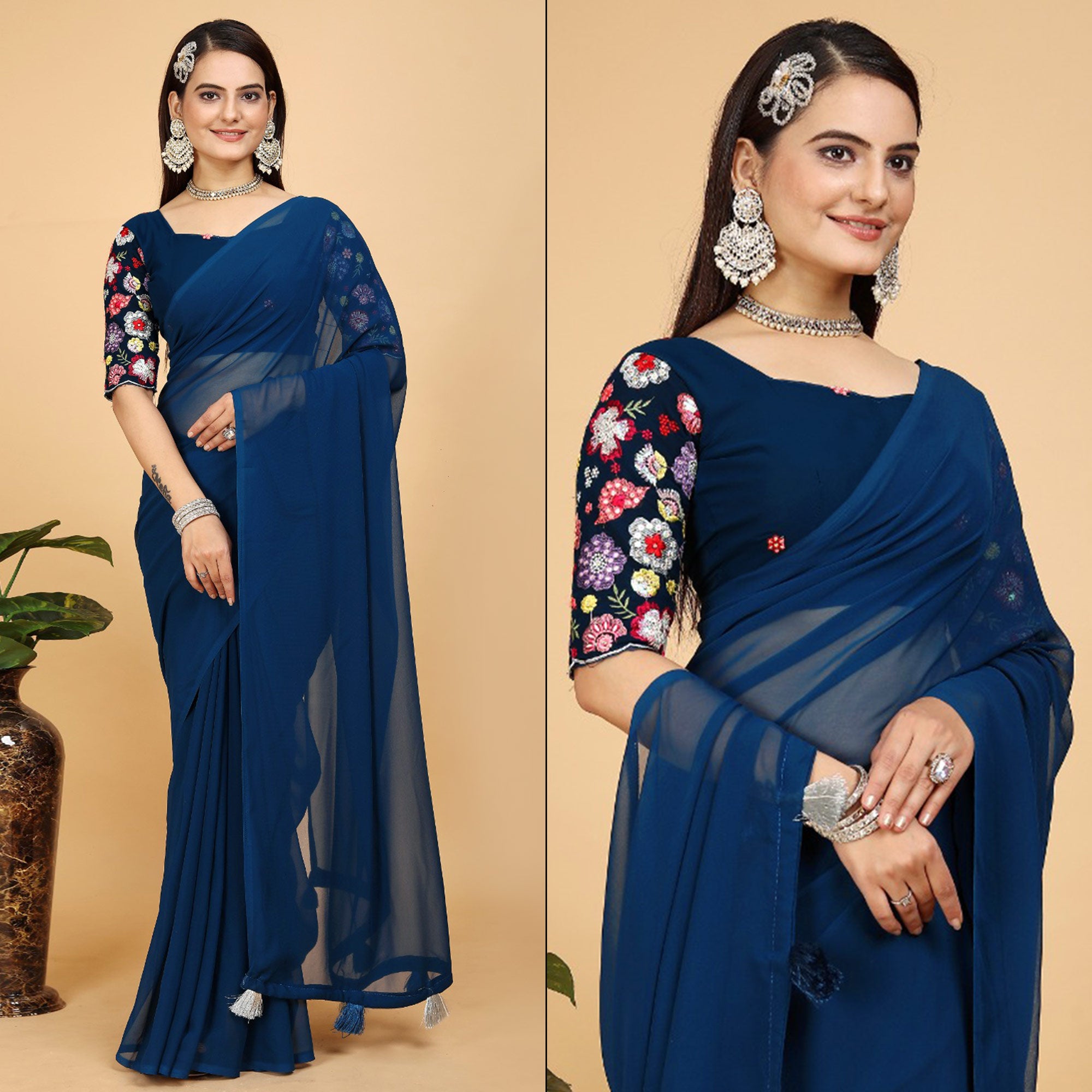 Blue Solid Georgette Saree With Tassels
