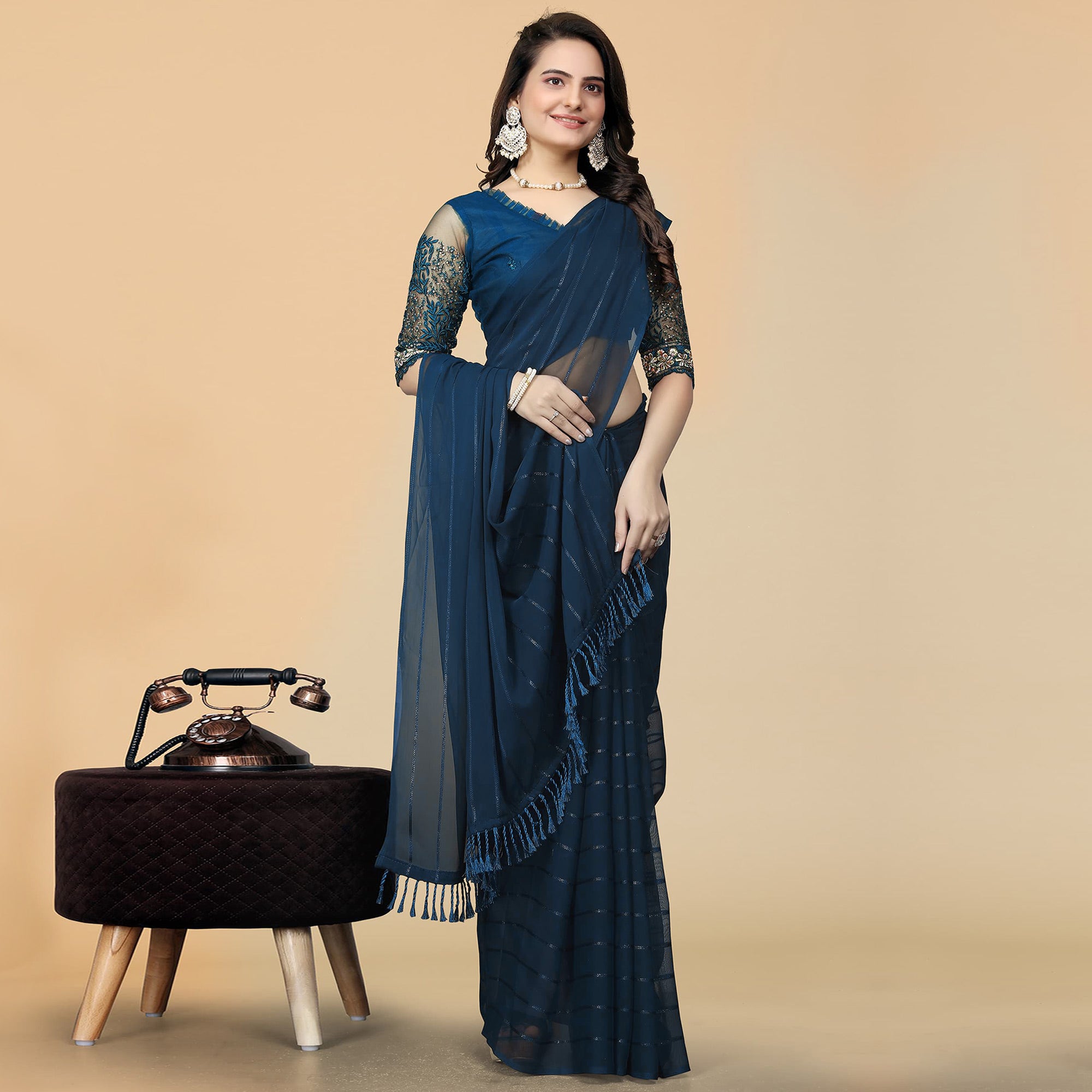 Rama blue Woven Georgette Saree with Tassels