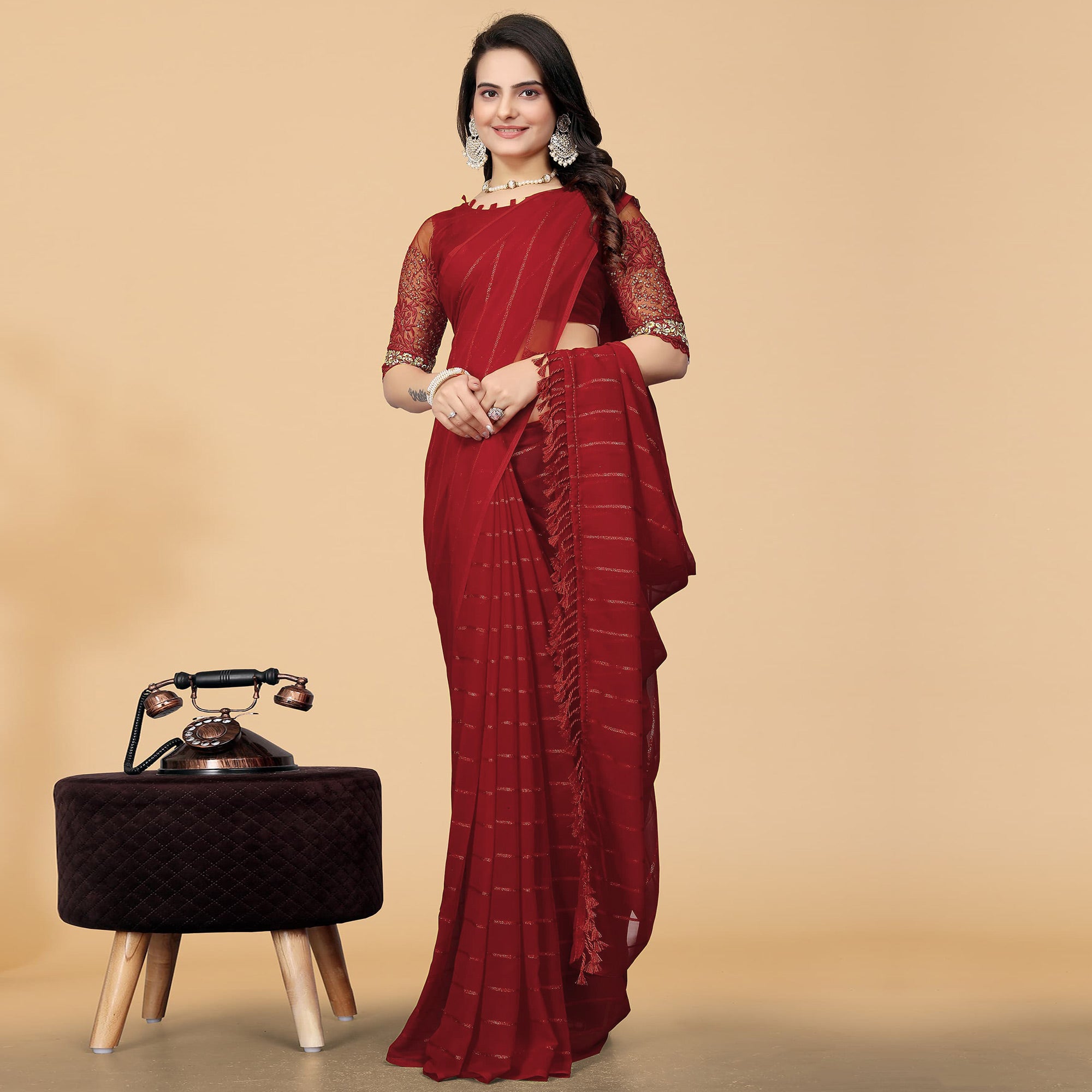 Red Woven Georgette Saree with Tassels