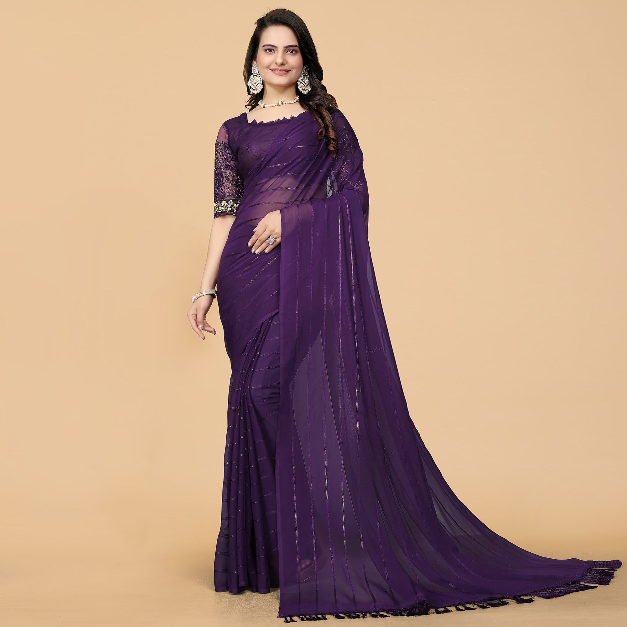 Violet Woven Georgette Saree with Tassels