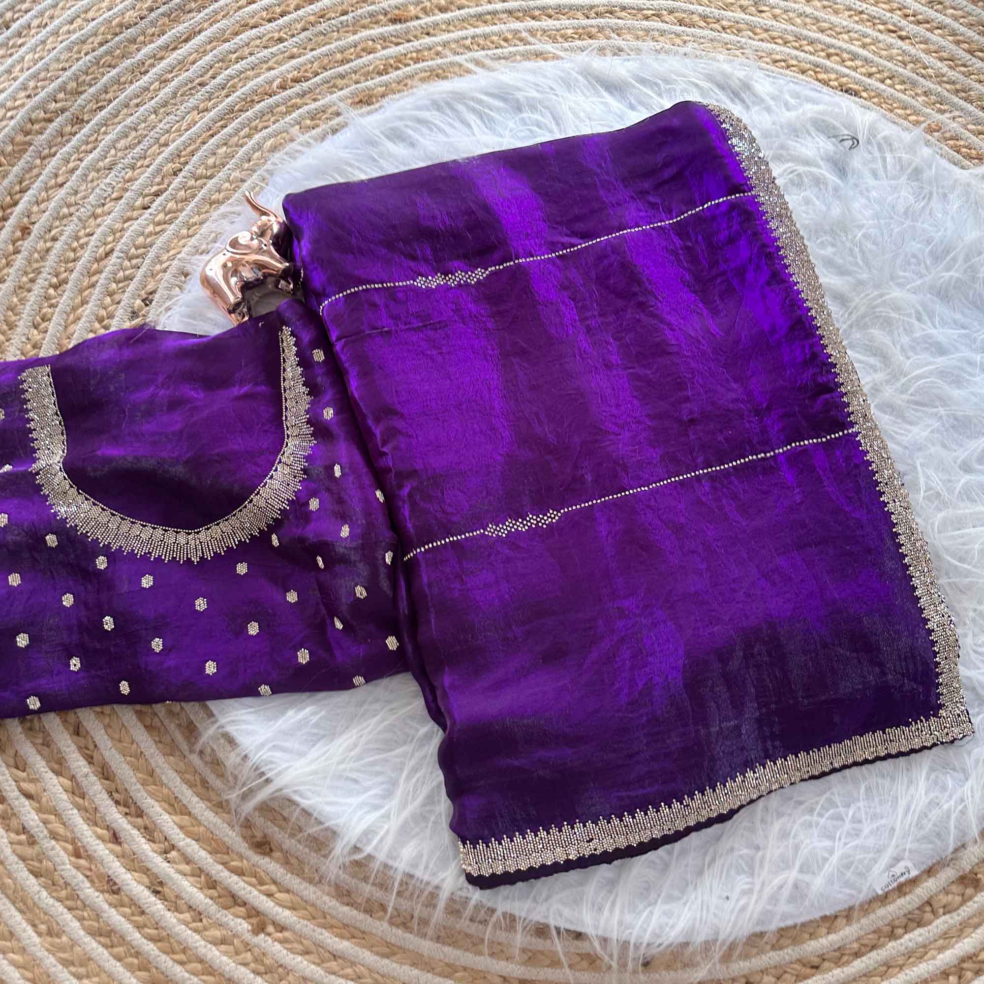 Classic Purple Pure Silk Saree Adorned With Sparkling Jarkan Work & An Exquisite Designer Border