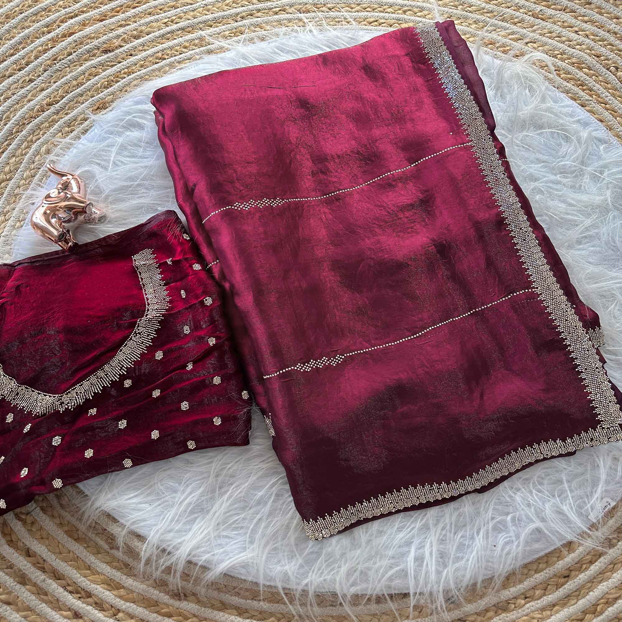 Classic Wine Pure Silk Saree Adorned With Sparkling Jarkan Work & An Exquisite Designer Border