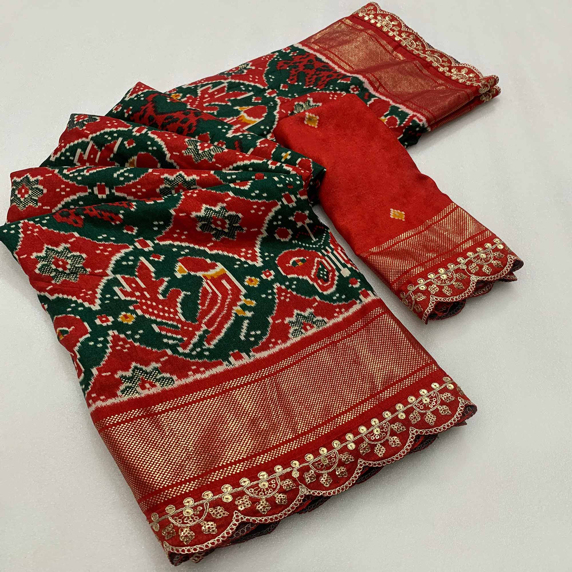 Green & Red Ikkat Printed Dola Silk Saree With Sequins Embroidery Border