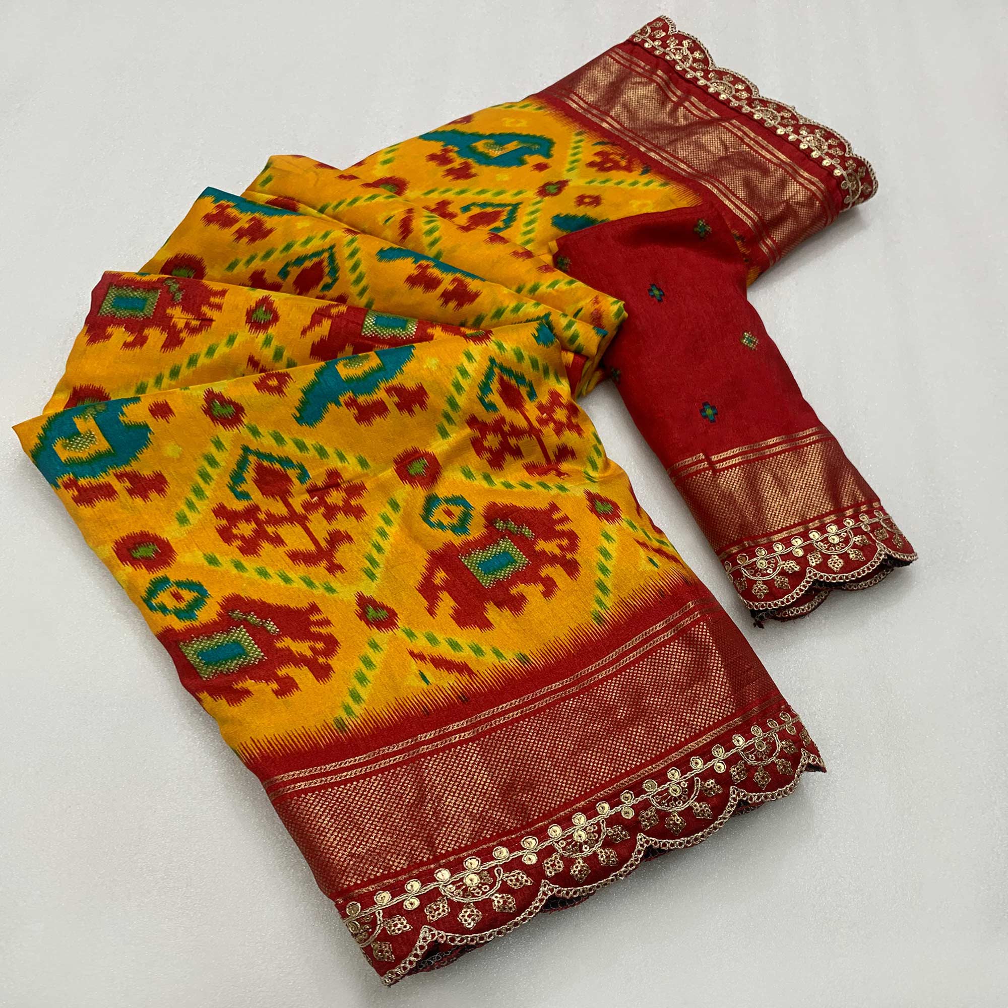 Mustard & Red Ikkat Printed Dola Silk Saree With Sequins Embroidery Border