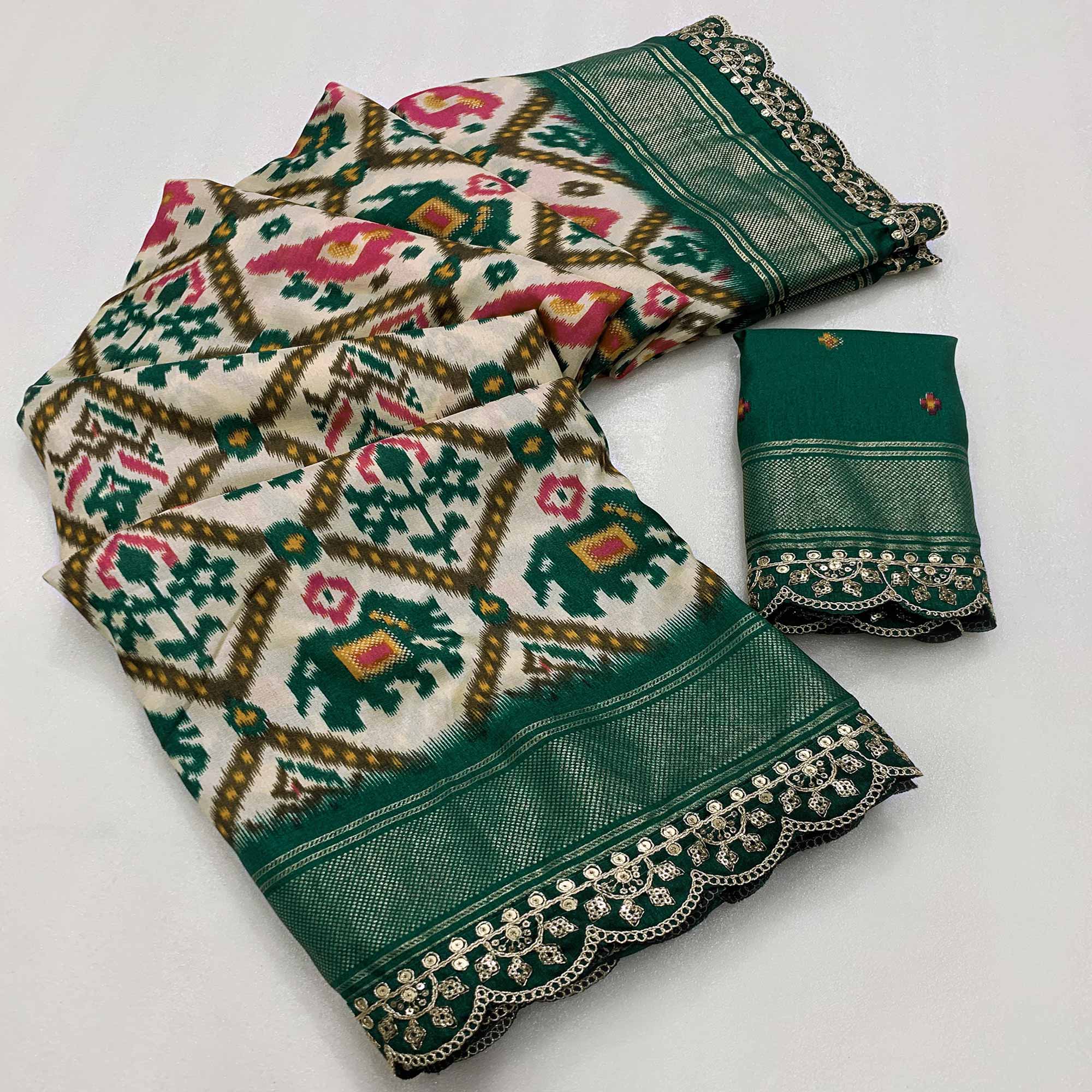 Off White & Green Ikkat Printed Dola Silk Saree With Sequins Embroidery Border