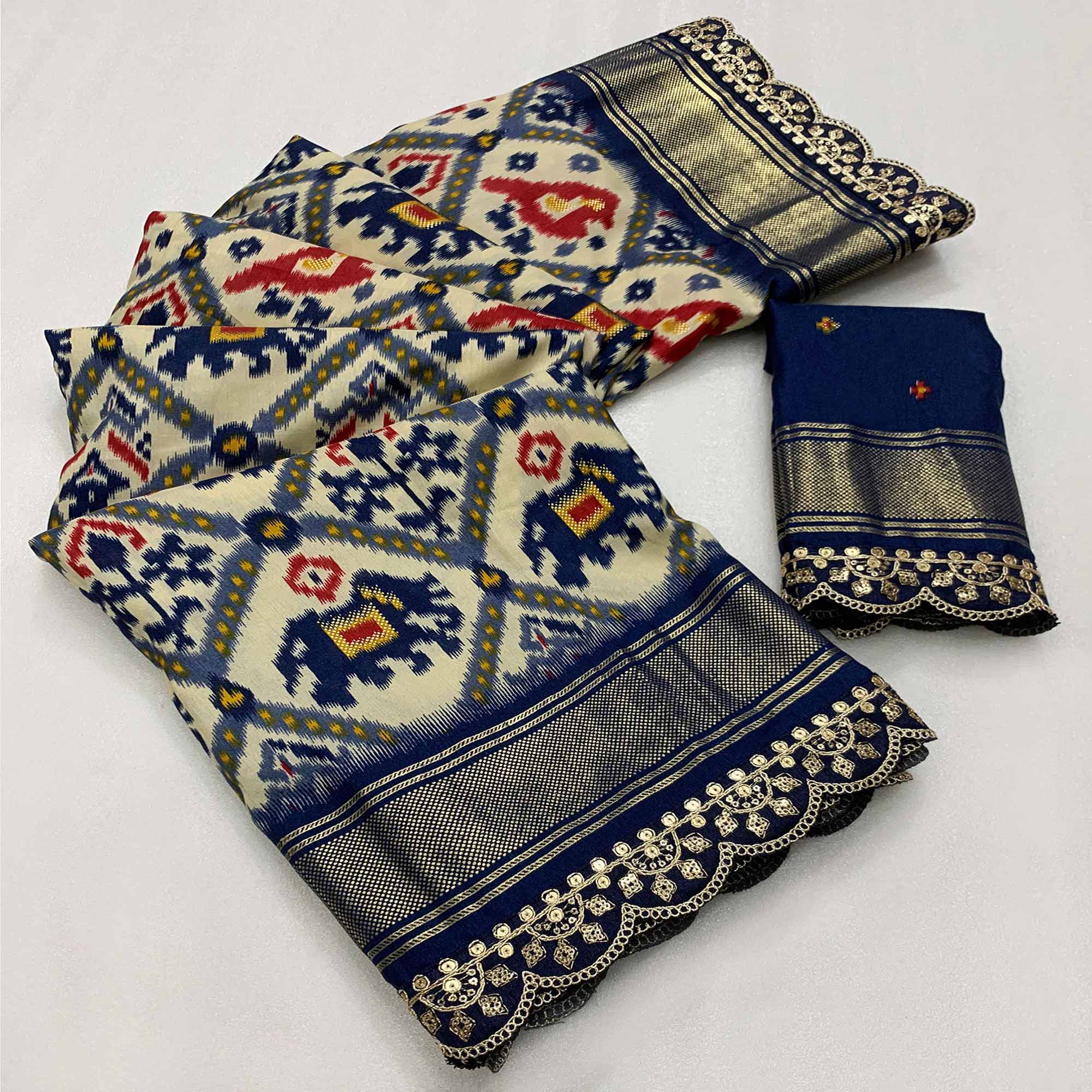 Off White & Blue Ikkat Printed Dola Silk Saree With Sequins Embroidery Border