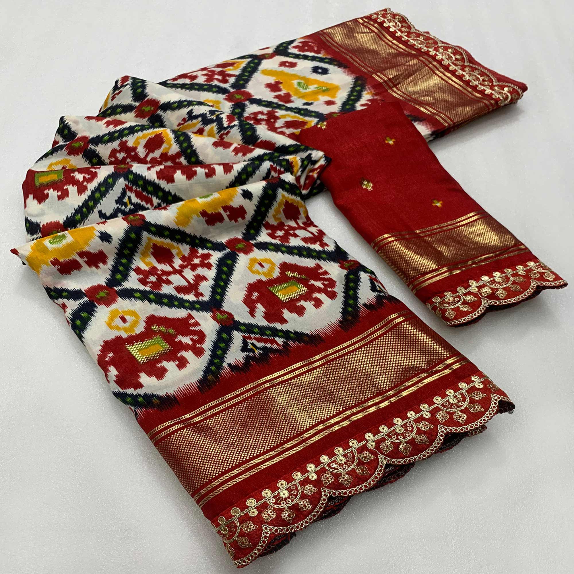 Off White & Red Ikkat Printed Dola Silk Saree With Sequins Embroidery Border