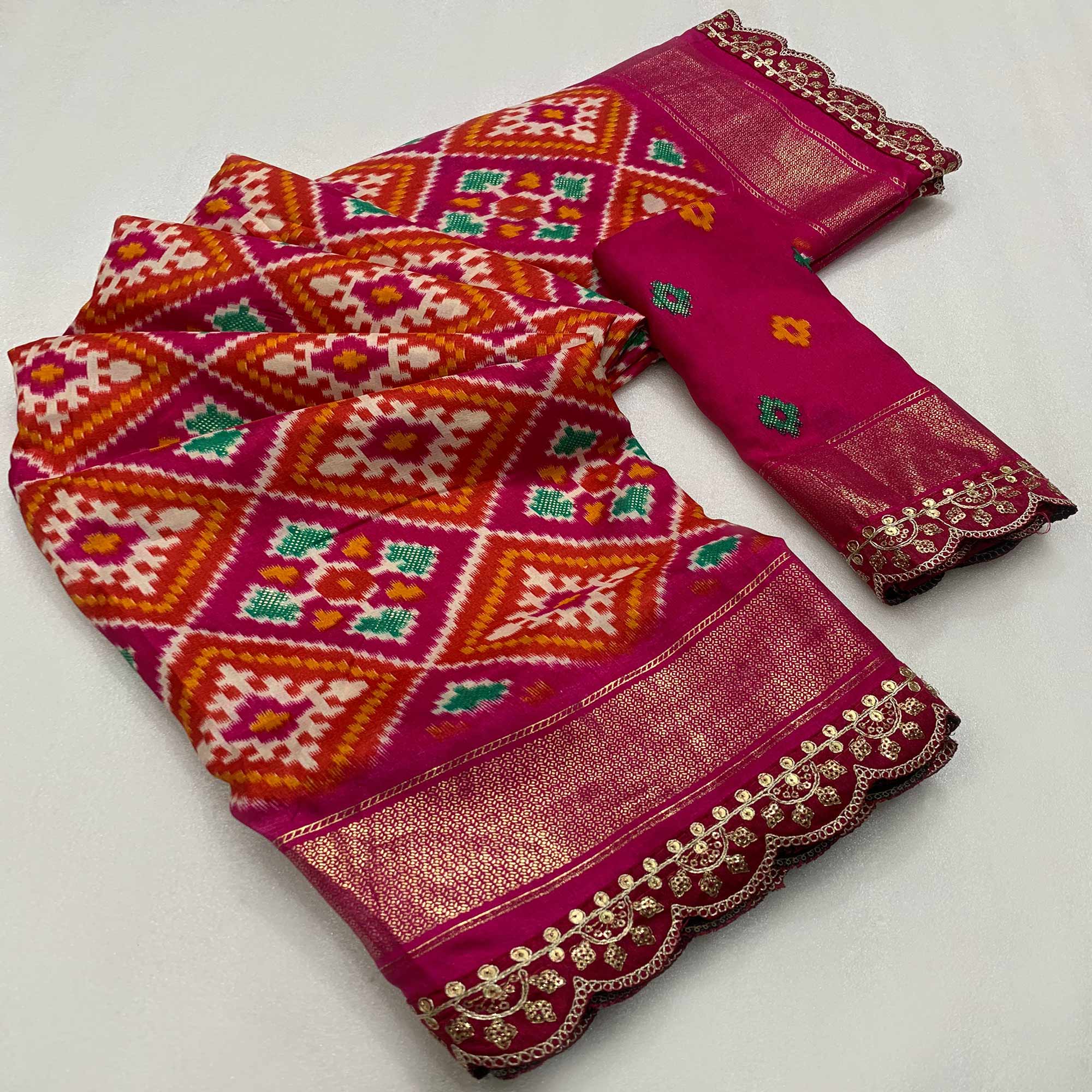 Pink Ikkat Printed Dola Silk Saree With Sequins Embroidery Border