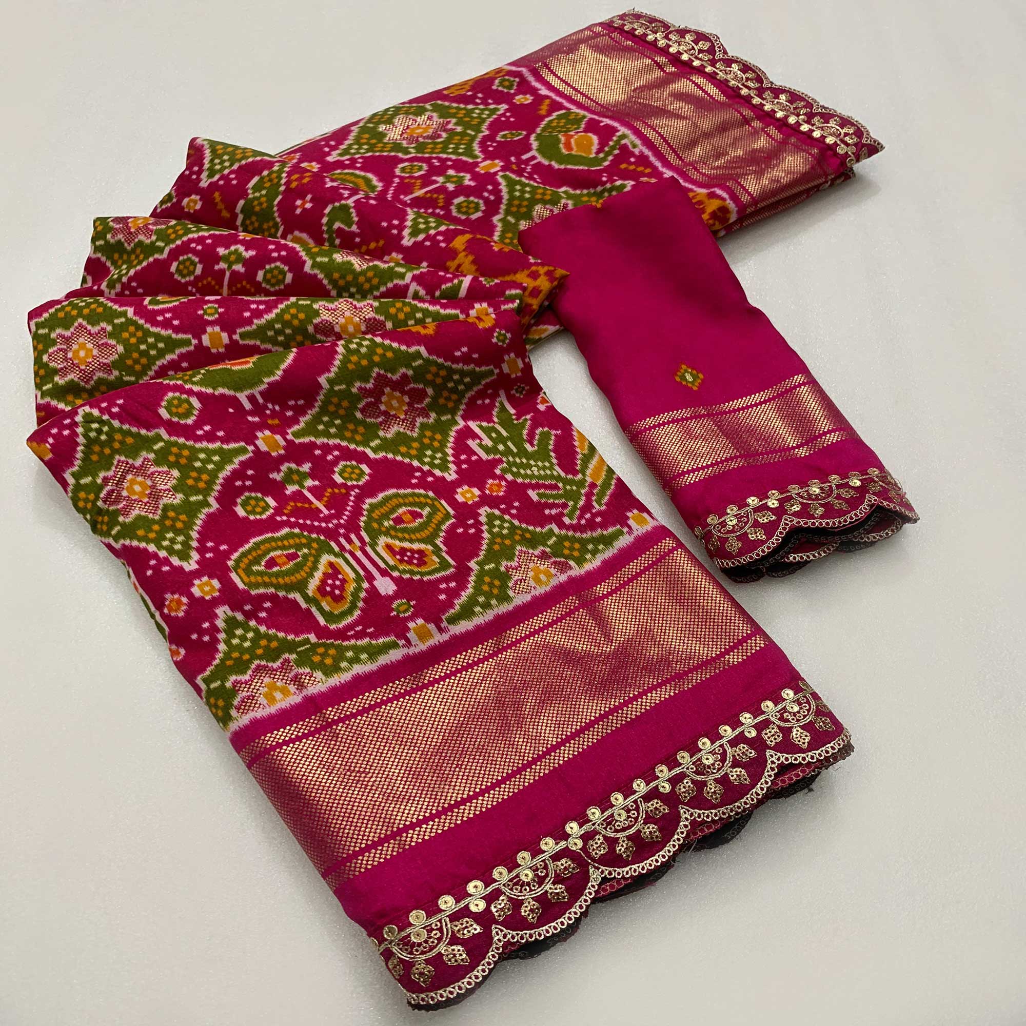 Pink & Green Ikkat Printed Dola Silk Saree With Sequins Embroidery Border