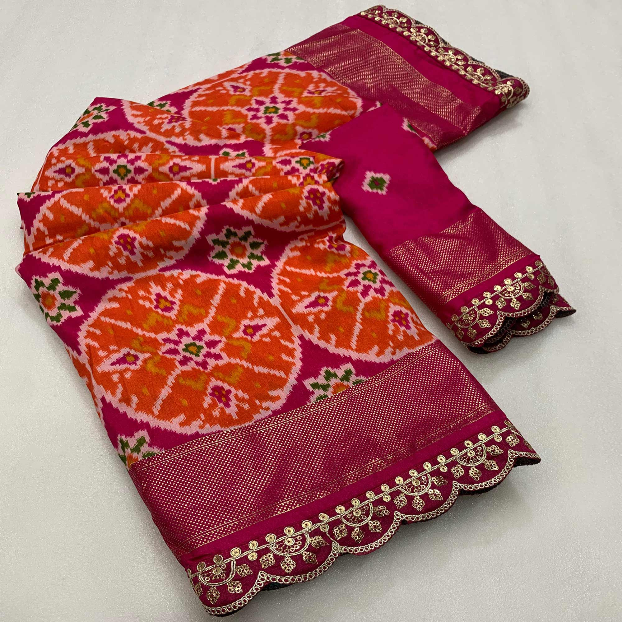 Pink & Orange Ikkat Printed Dola Silk Saree With Sequins Embroidery Border