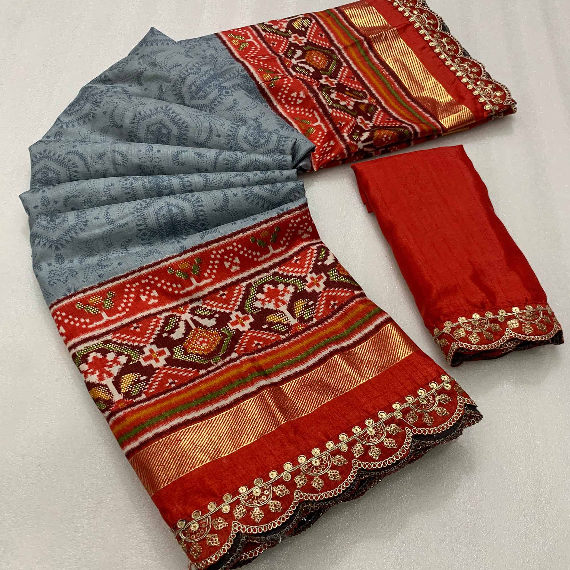 Grey & Red Ikkat Foil Printed Silk Saree With Sequins Embroidery Border