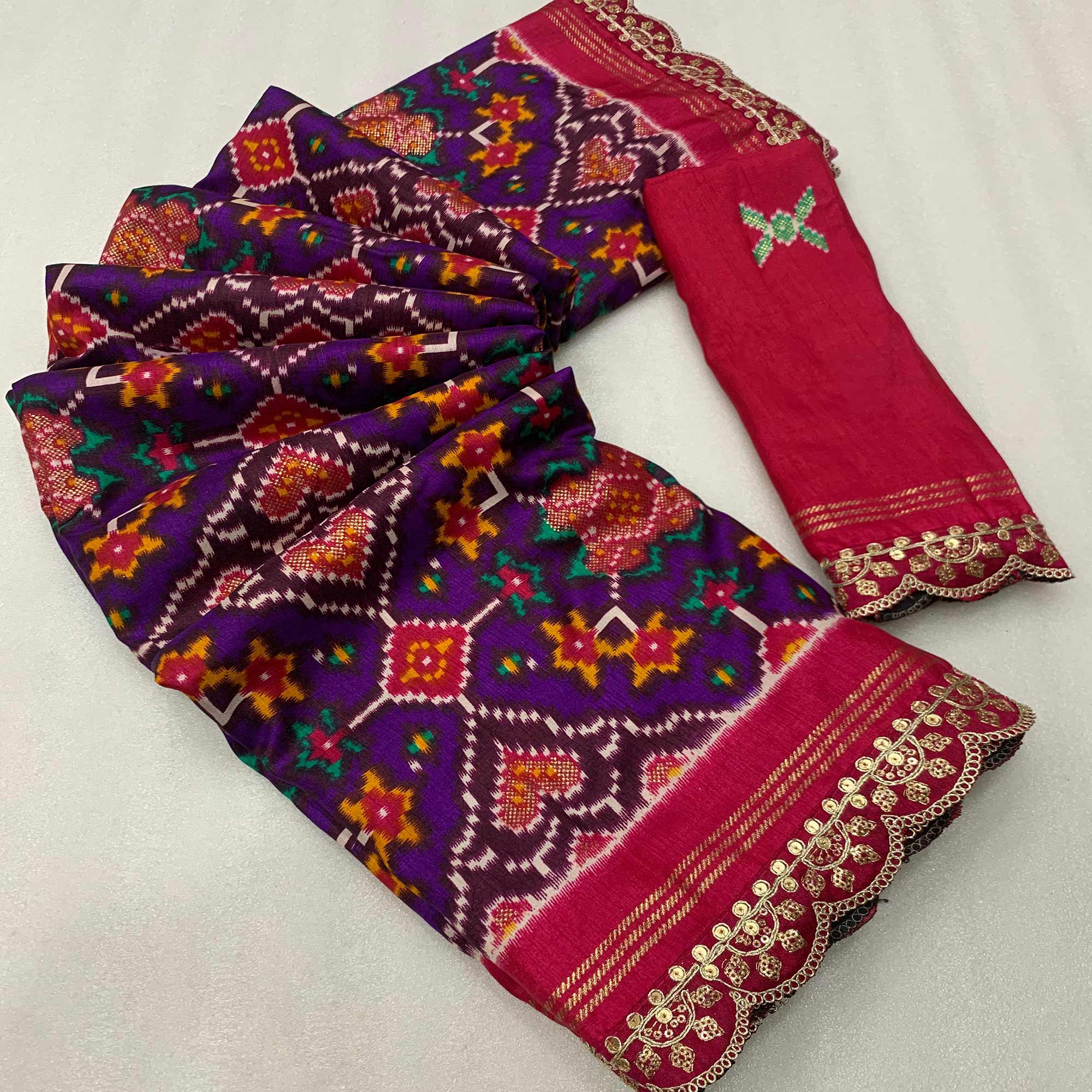 Purple & Pink Ikkat Foil Printed Silk Saree With Sequins Embroidery Border