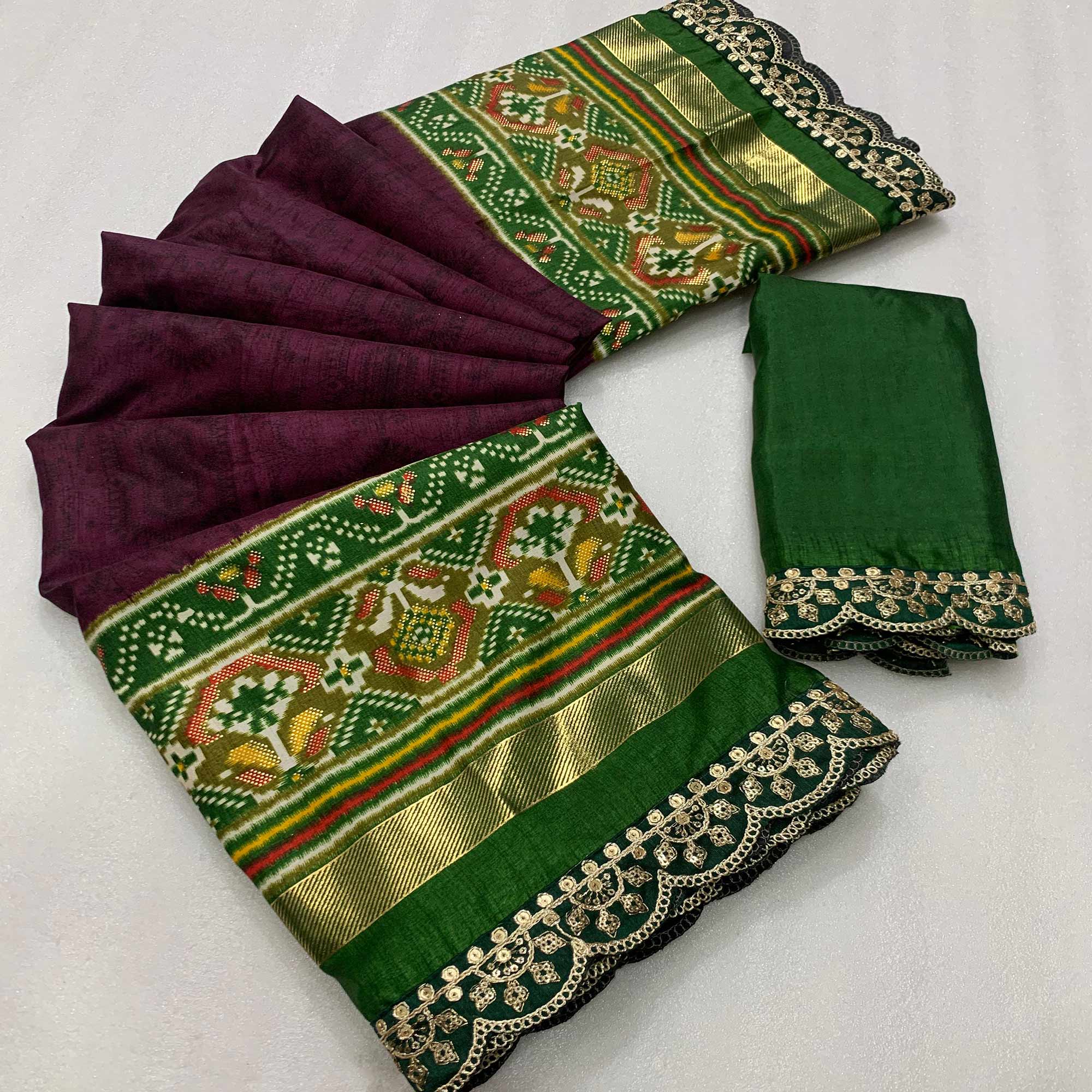 Purple & Green Ikkat Foil Printed Silk Saree With Sequins Embroidery Border